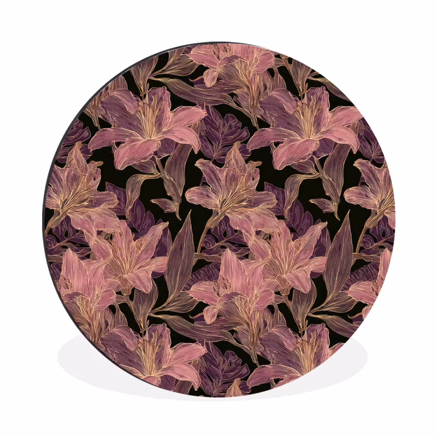 Lelies - Patroon - Paars - Goud Wandcirkel aluminium klein 190 -3d