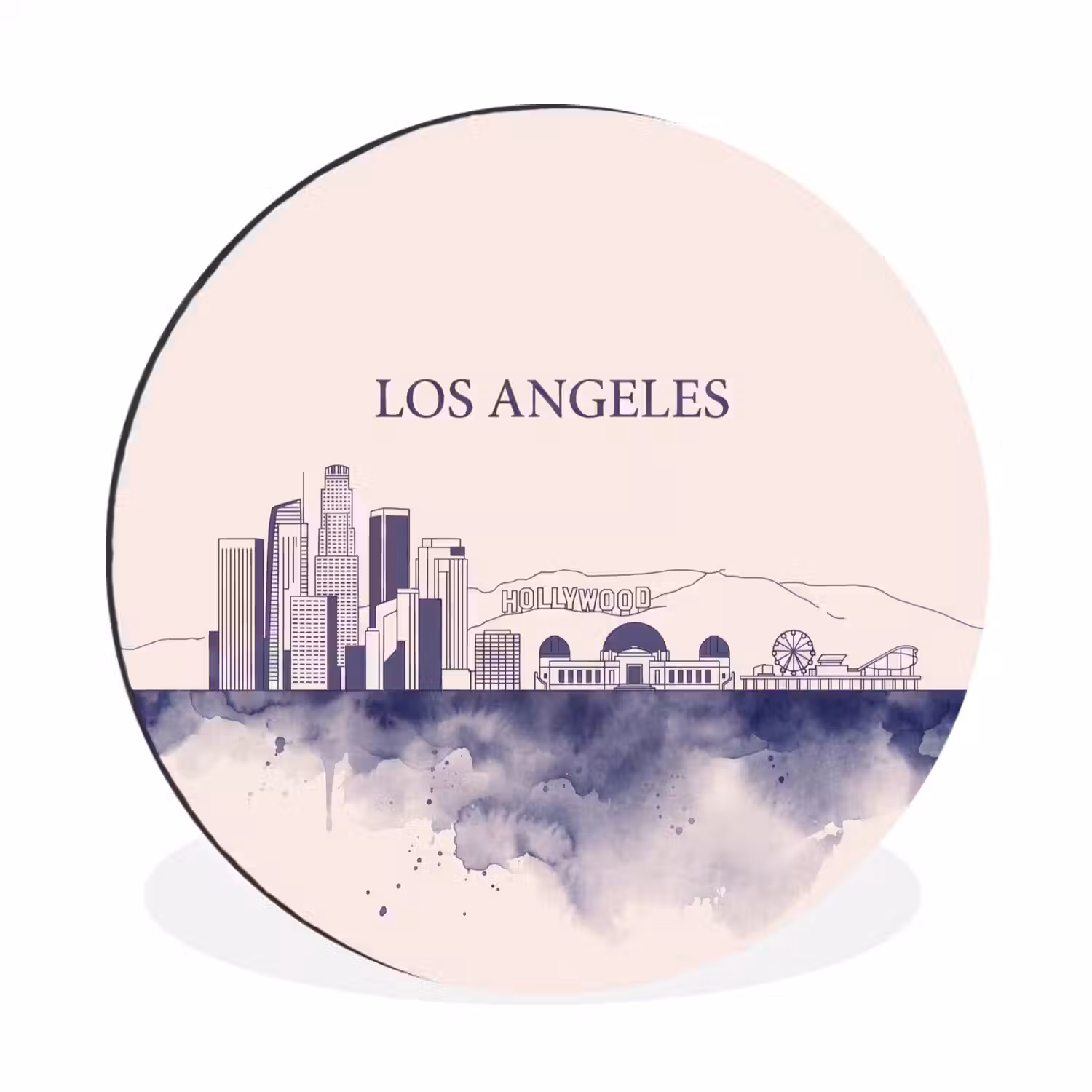 Los Angeles - Skyline - Architectuur - Aquarel - Blauw Wandcirkel aluminium klein -3d