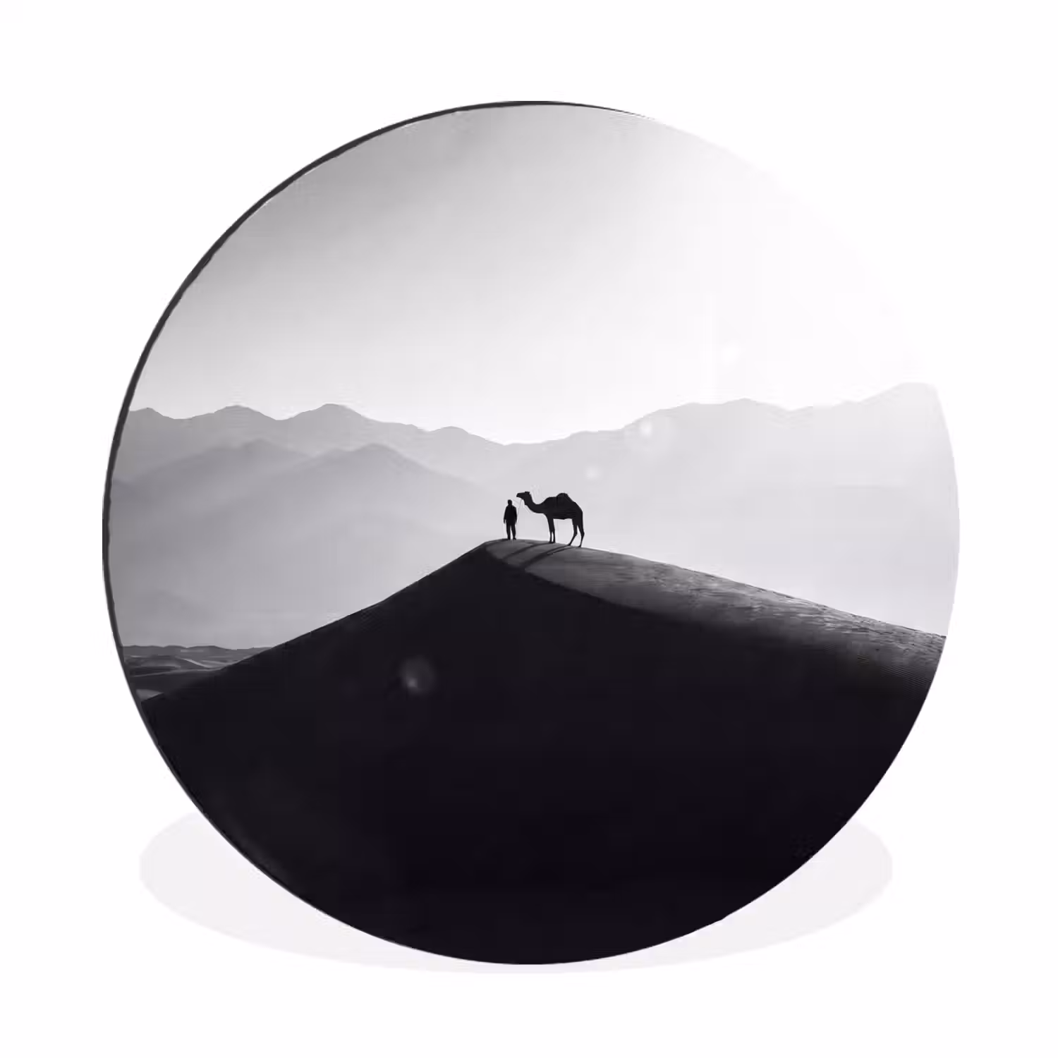 Mens - Kameel - Zandduin - Natuur - Monochroom Wandcirkel aluminium klein -3d