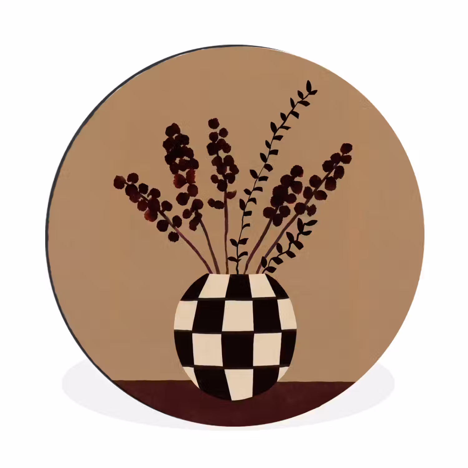 Minimalistisch - Vaas - Bloemen - Bruin Wandcirkel aluminium klein -3d