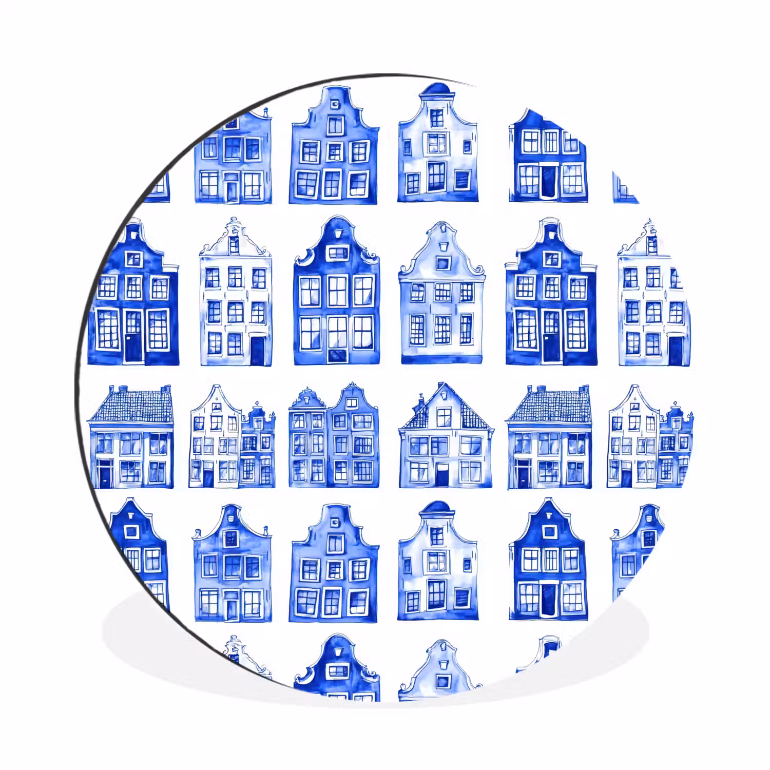 Patroon - Huizen - Blauw Wandcirkel aluminium klein 190 -3d