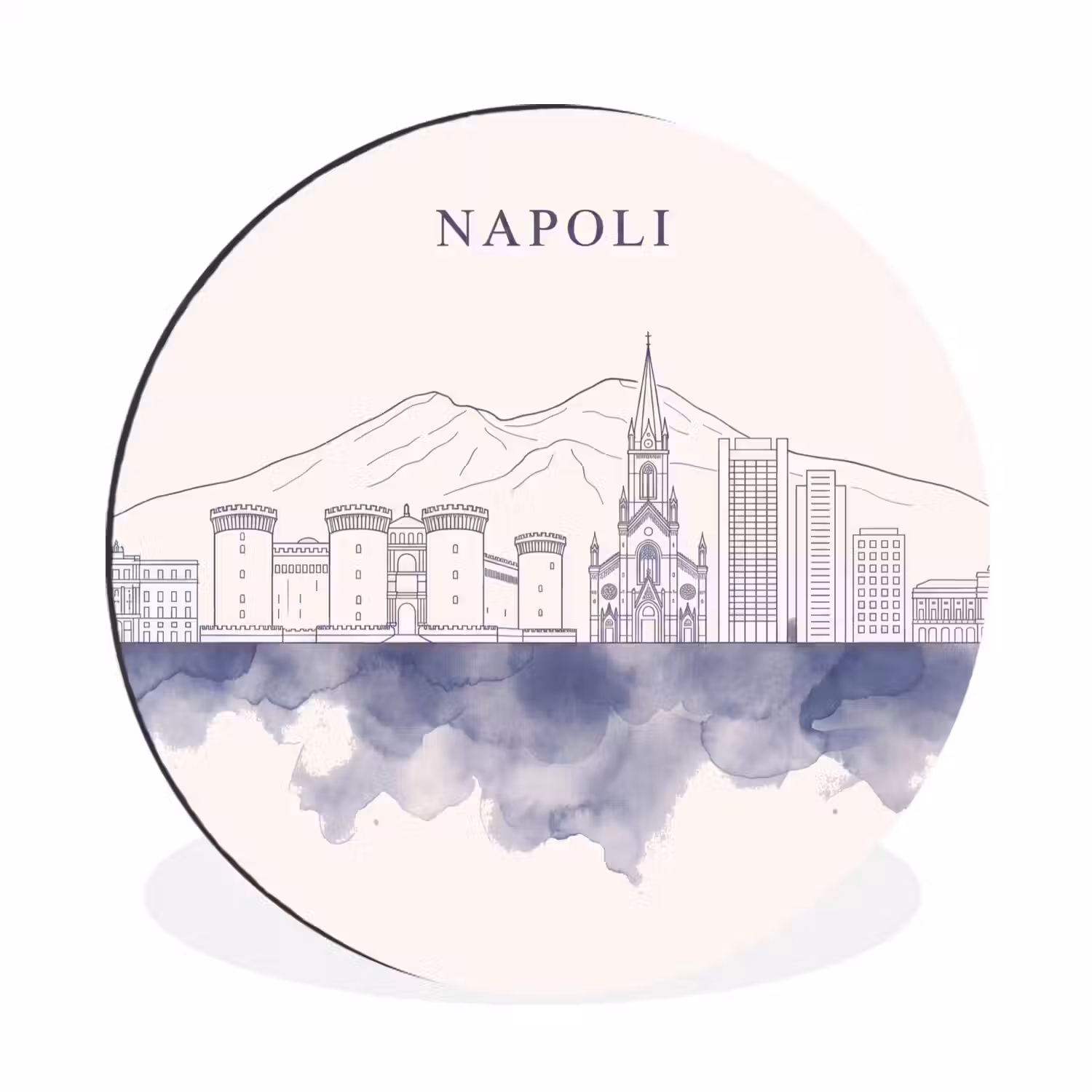 Napels - Skyline - Italie - Lijntekening - Aquarel Wandcirkel aluminium klein -3d