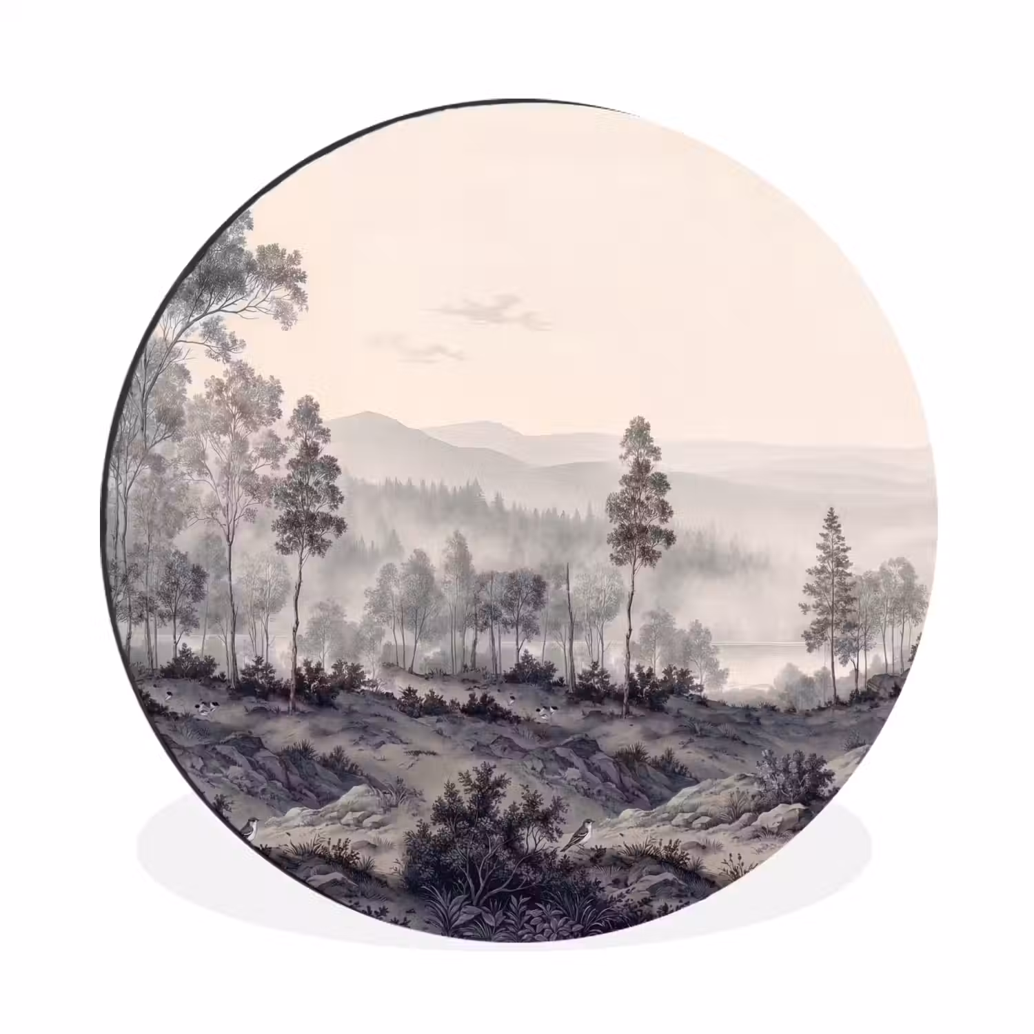 Mistig - Berglandschap - Illustratie Wandcirkel aluminium klein -3d