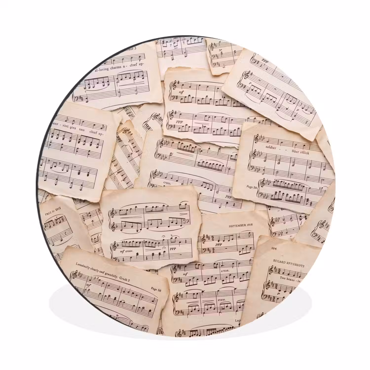 Bladmuziek - Oud - Noten - Vintage - Beige Wandcirkel aluminium klein -3d
