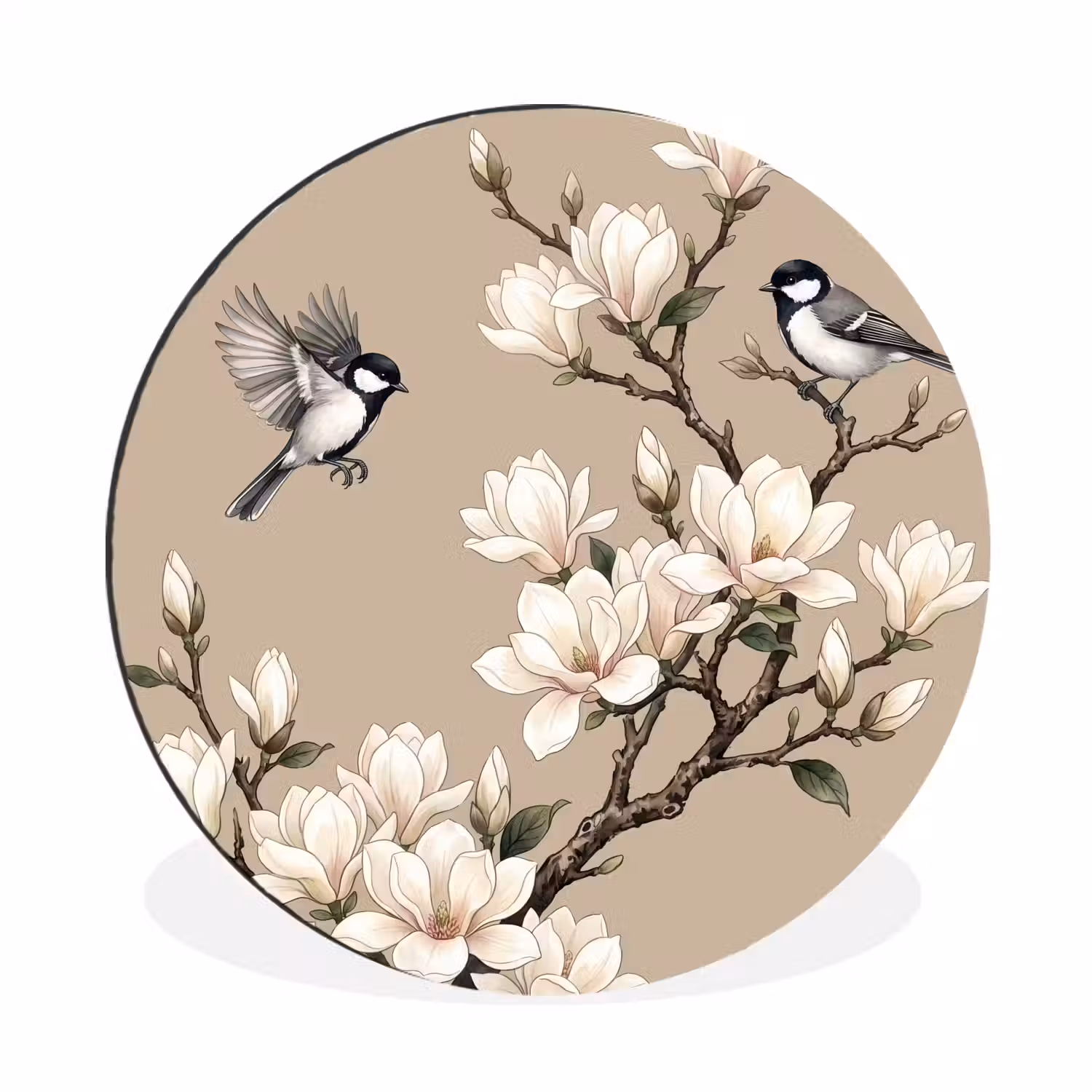 Oosters - Vogels - Beige Wandcirkel aluminium klein -3d