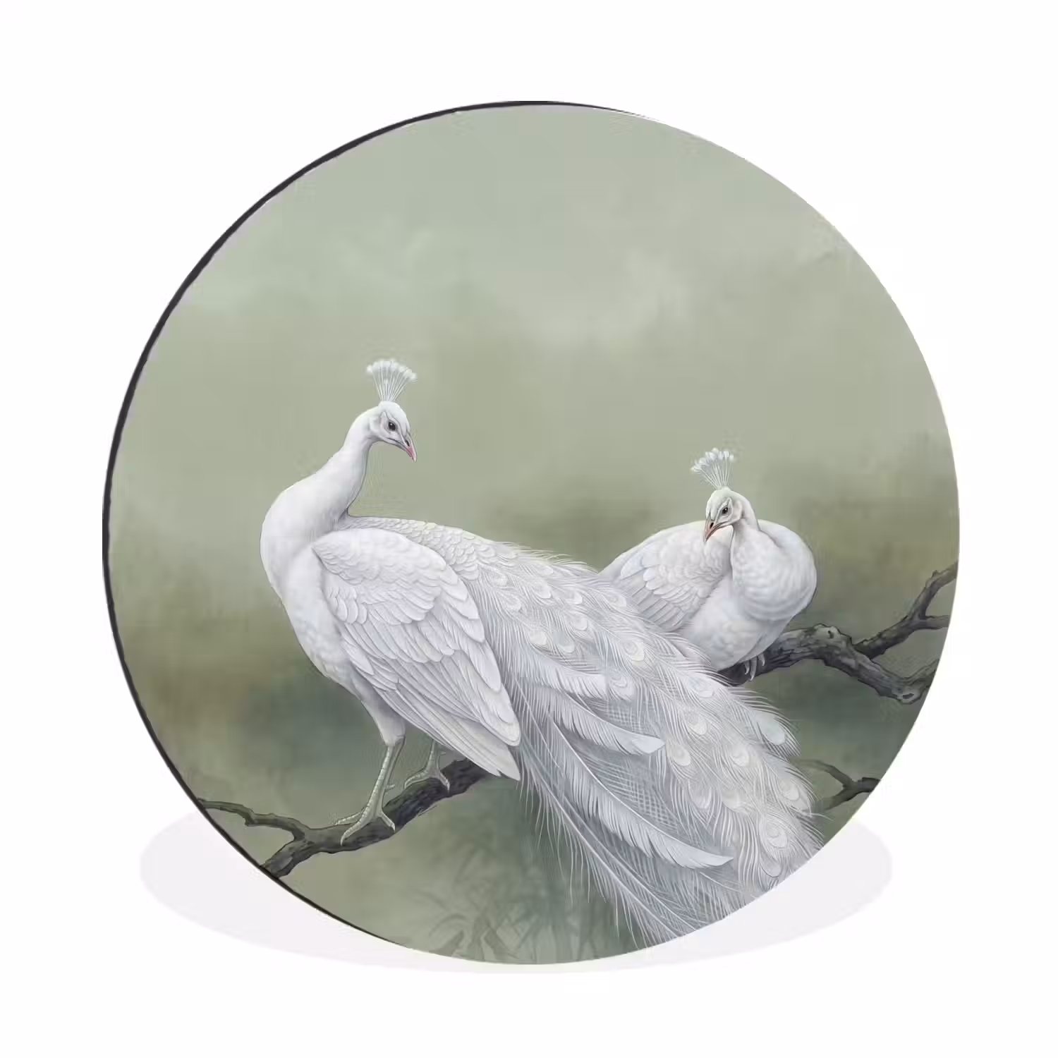 Pauwen - Wit - Natuur - Groen Wandcirkel aluminium klein -3d