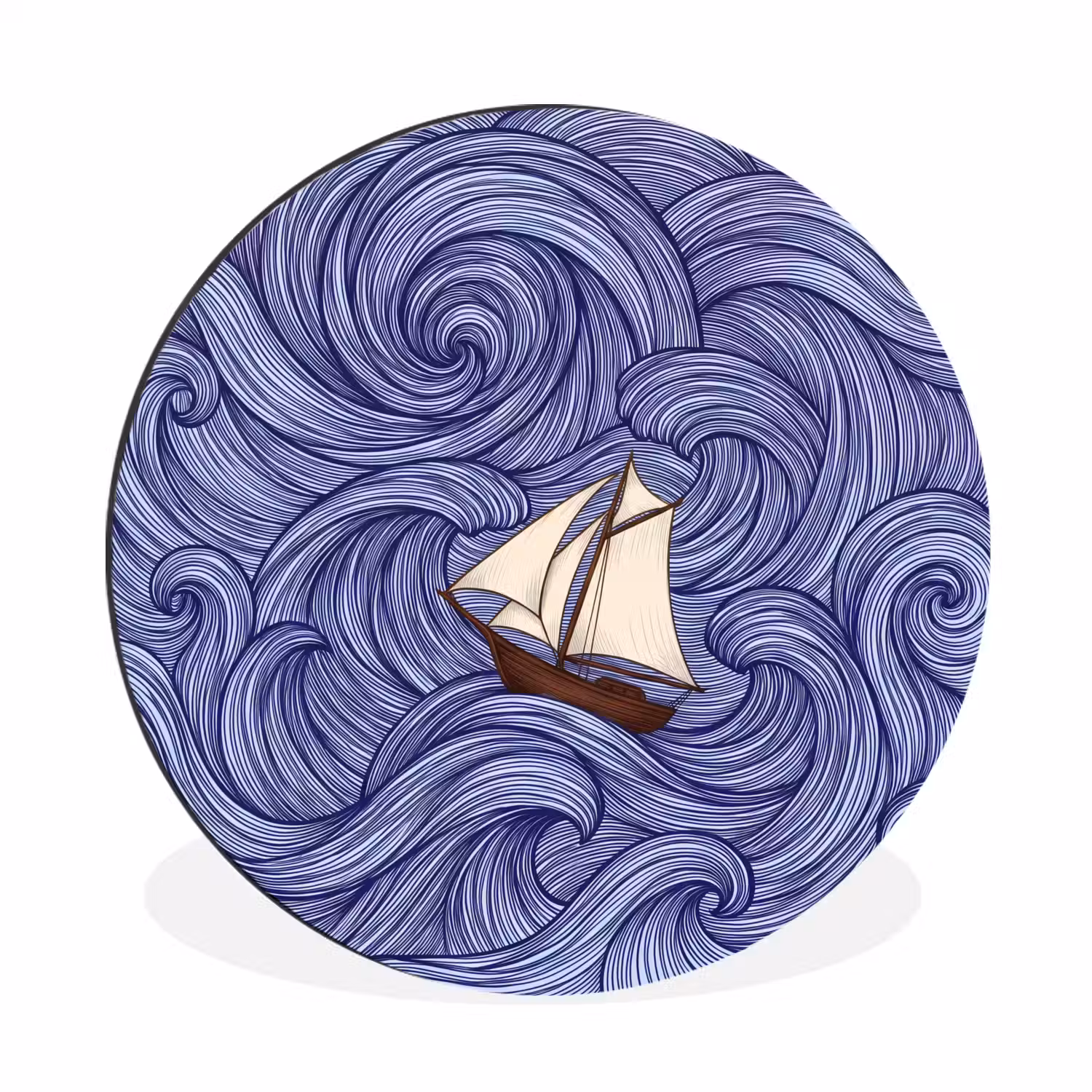 Schip - Golven - Zee - Illustratie - Blauw Wandcirkel aluminium klein -3d
