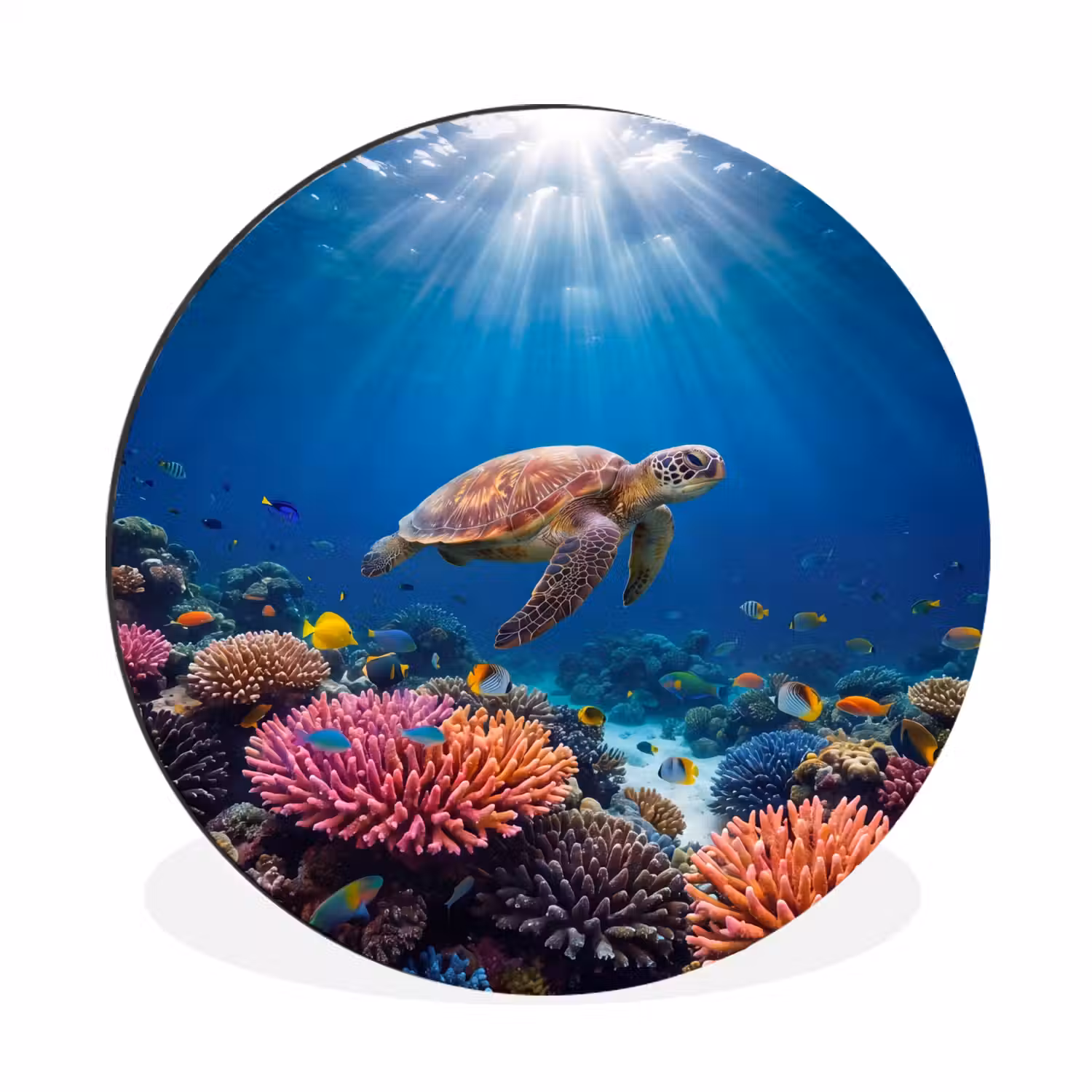 Schildpad - Koraalrif - Oceaan - Dieren - Blauw Wandcirkel aluminium klein -3d