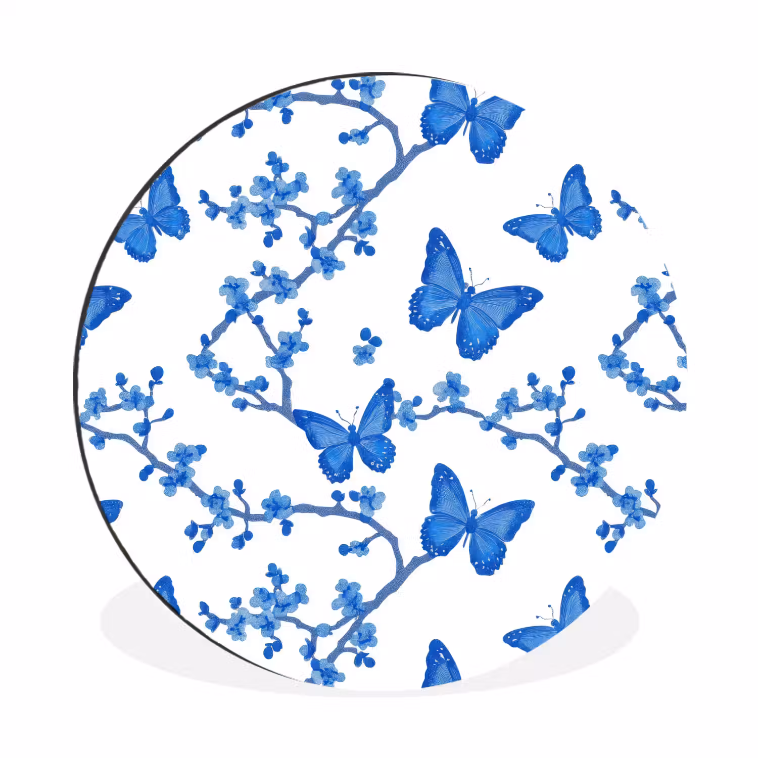 Vlinder - Bloemen - Blauw Wandcirkel aluminium klein 190 -3d