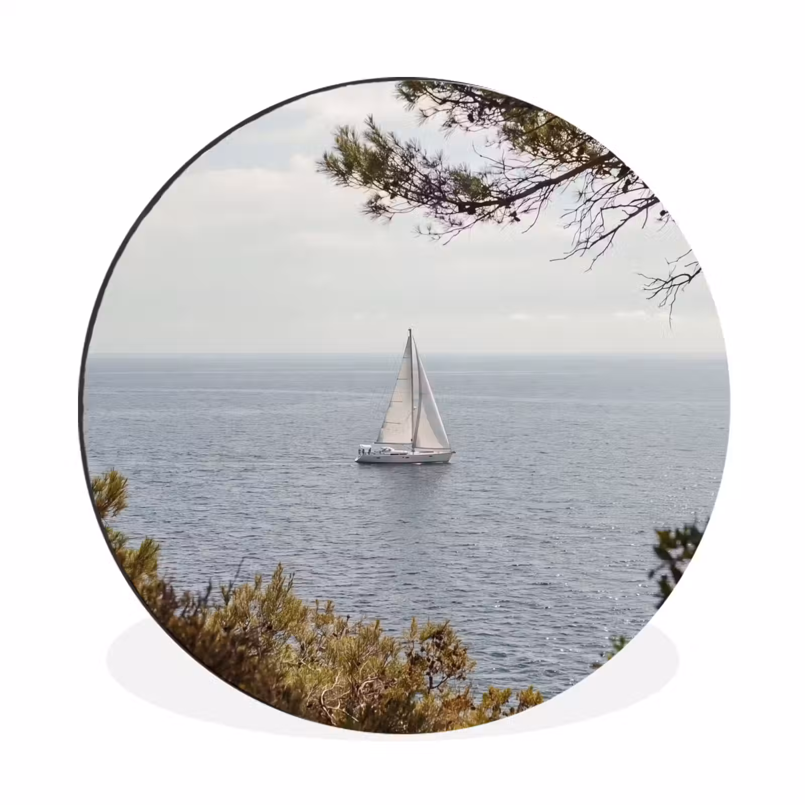 Alu-Dibond-Bild Rund - Segelboot – Bäume – Wasser - Zeilboot - bomen - water Wandcirkel aluminium klein