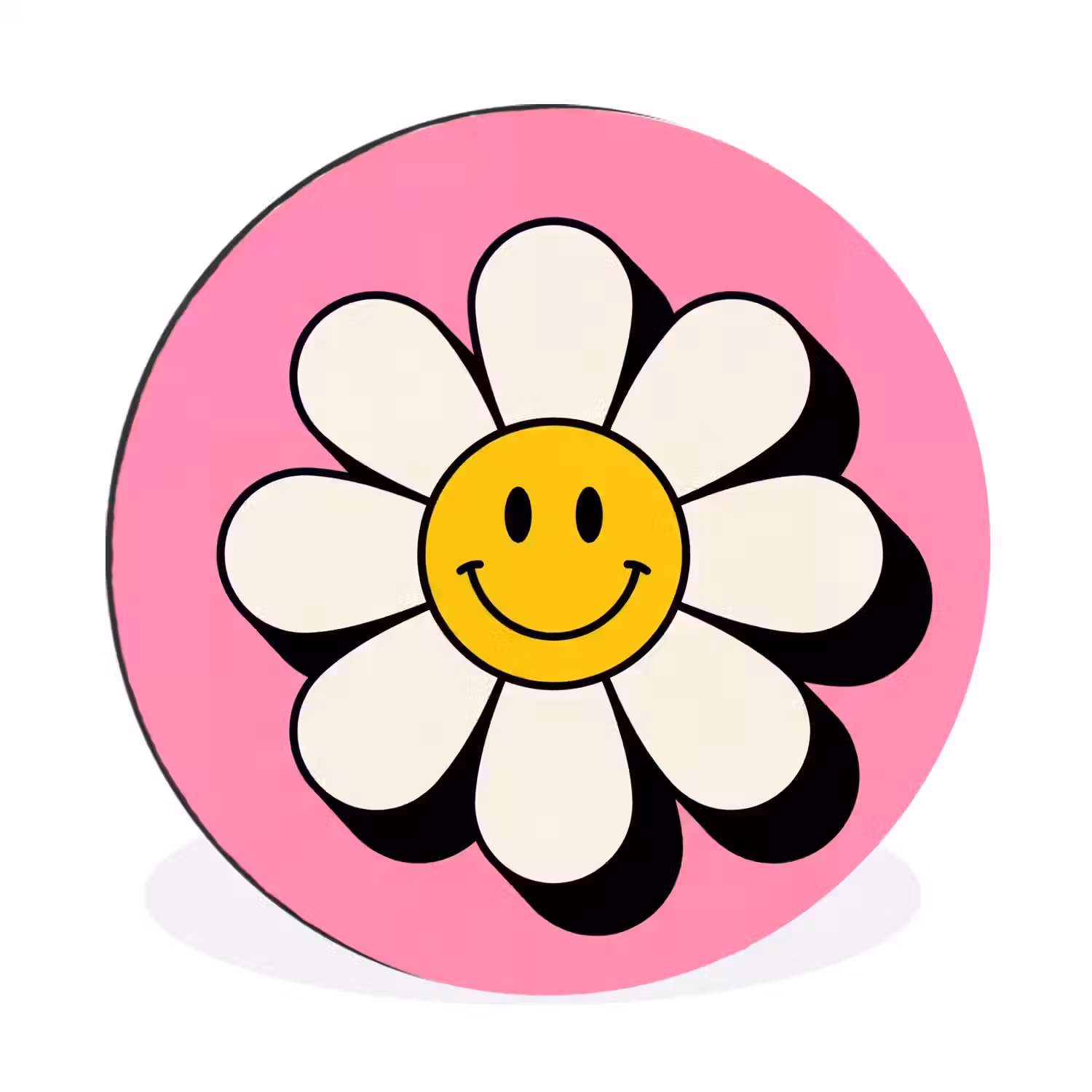 Smiley - Bloem - Roze Wandcirkel aluminium klein -3d
