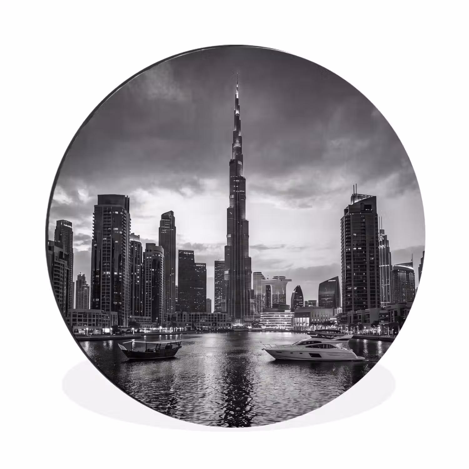 Stad - Skyline - Architectuur - Avond - Zwart-wit Wandcirkel aluminium klein -3d