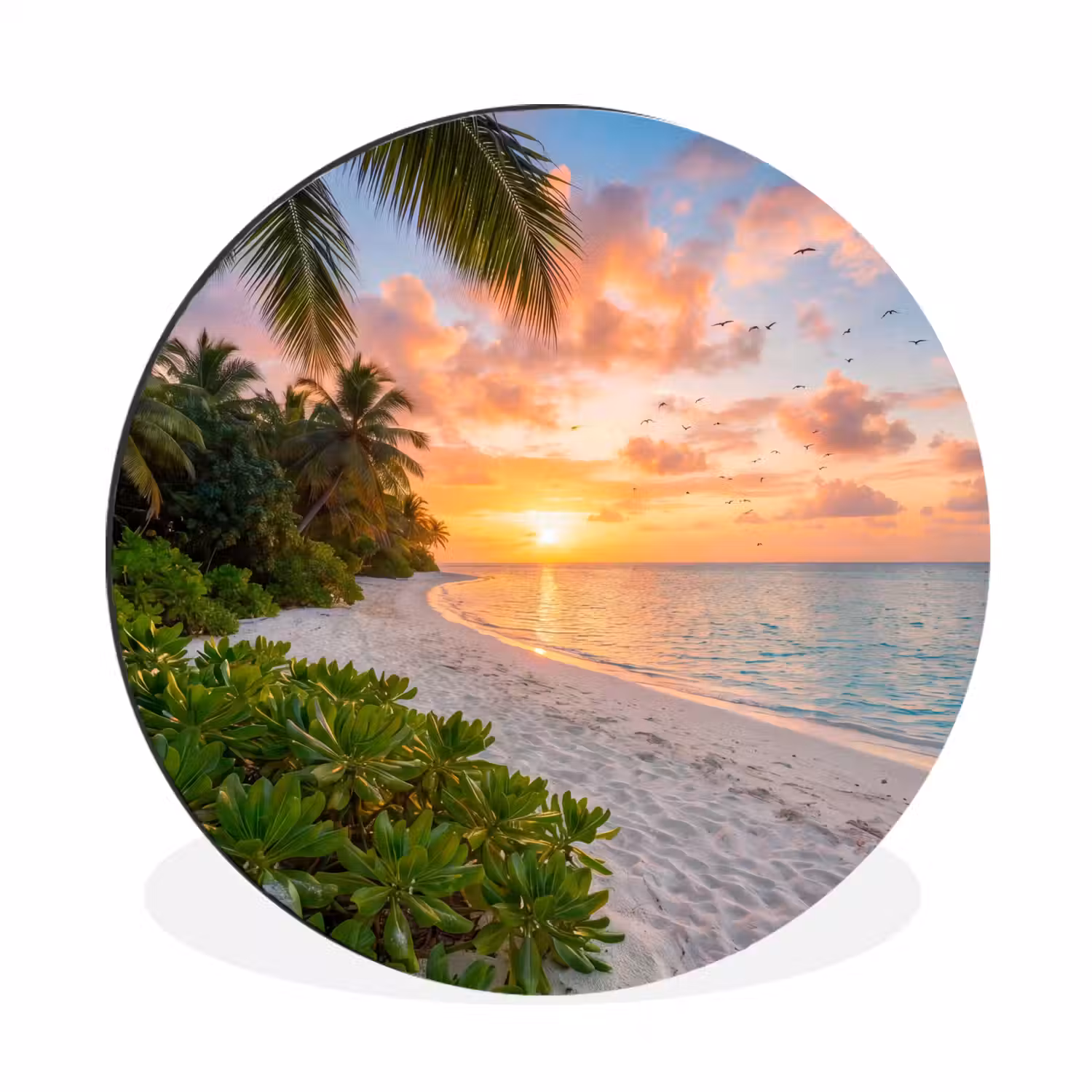 Strand - Zonsondergang - Palmbomen - Tropisch - Natuur Wandcirkel aluminium klein -3d