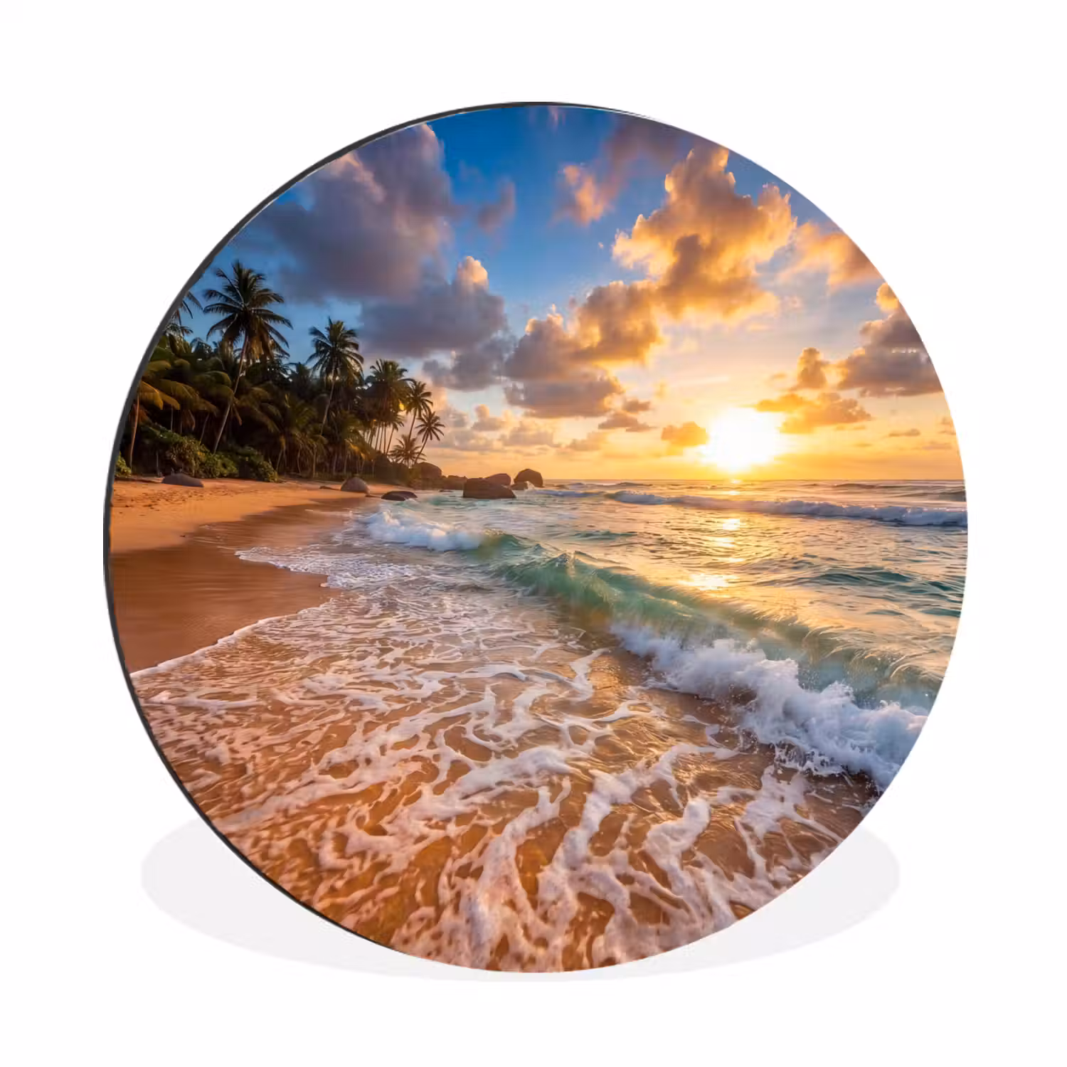 Strand - Zonsondergang - Golven - Natuur - Goud Wandcirkel aluminium klein -3d
