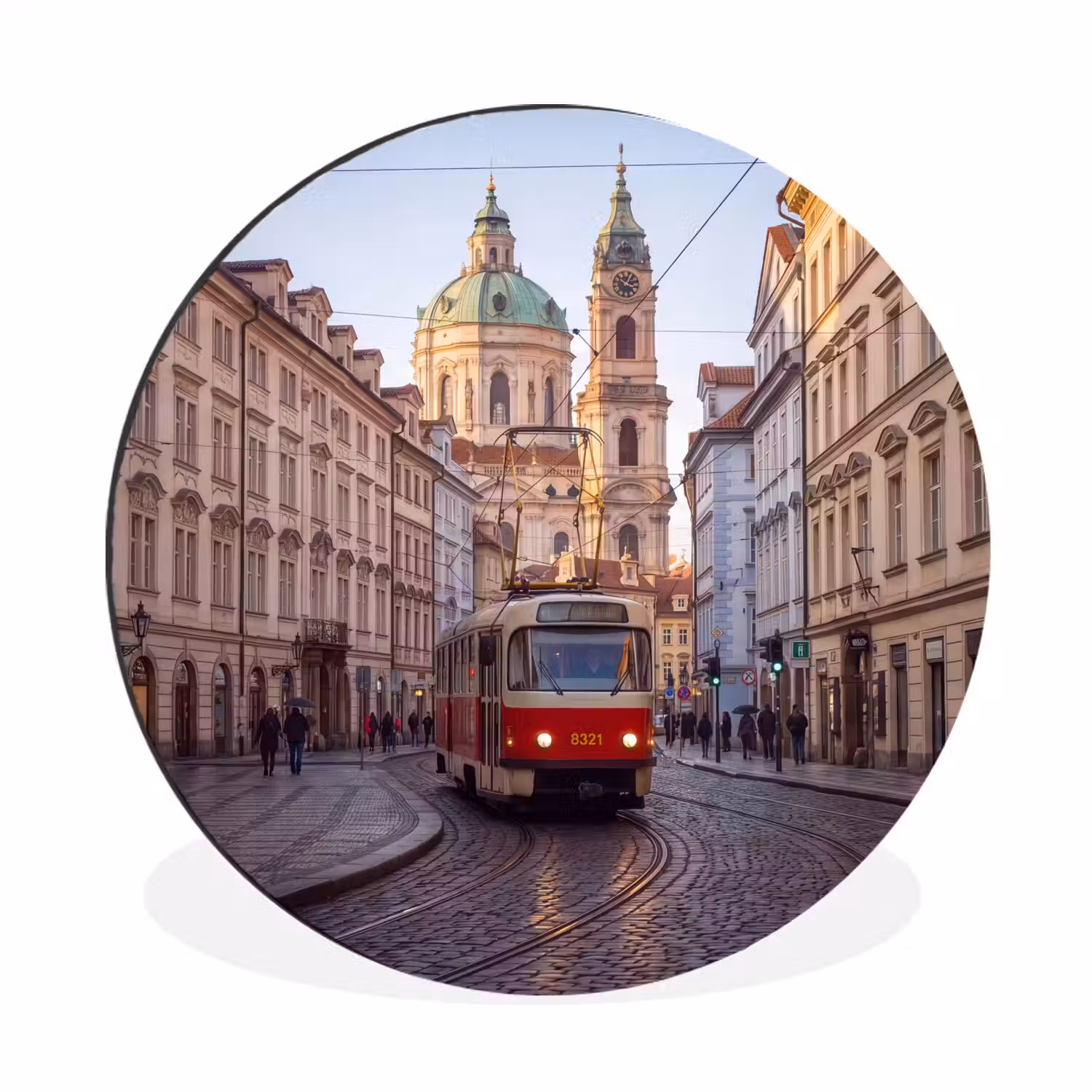 Tram - Straat - Stadsgezicht - Klassiek - Rood Wandcirkel aluminium klein -3d