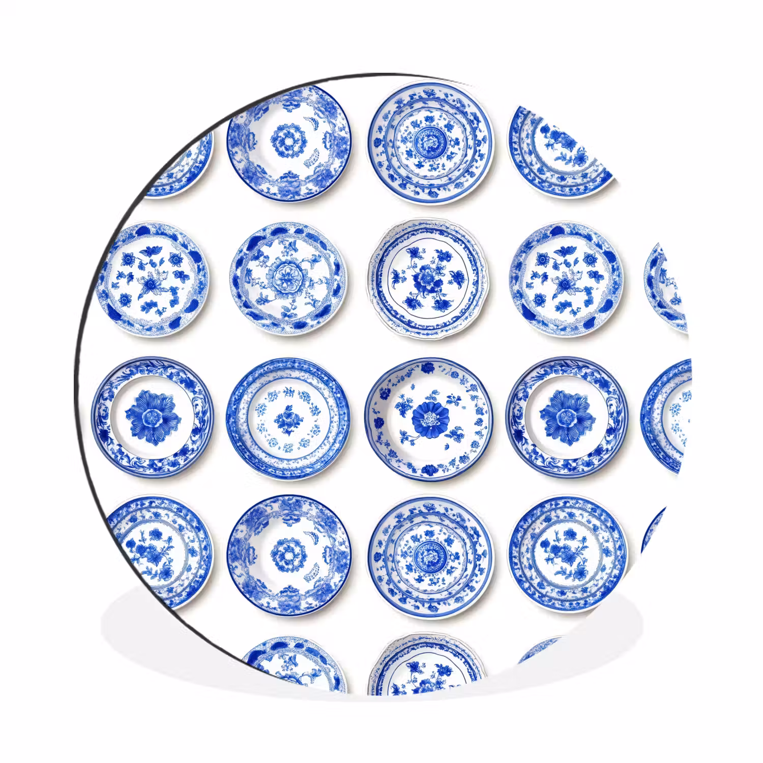 Borden - Bloemen - Patroon - Blauw Wandcirkel aluminium klein 190 -3d