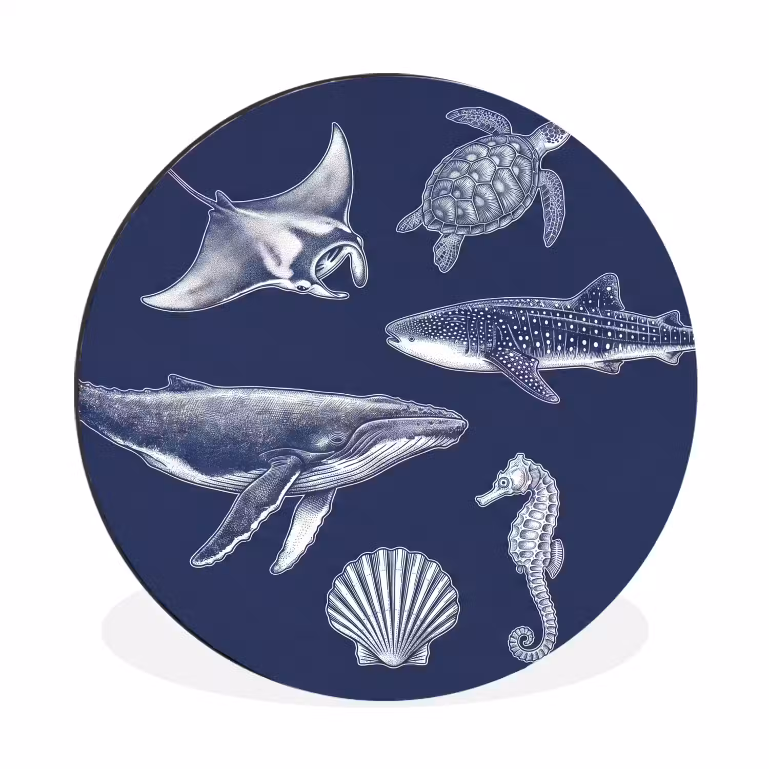 Dieren - Zeeleven - Oceaan - Graveren - Blauw Wandcirkel aluminium klein -3d