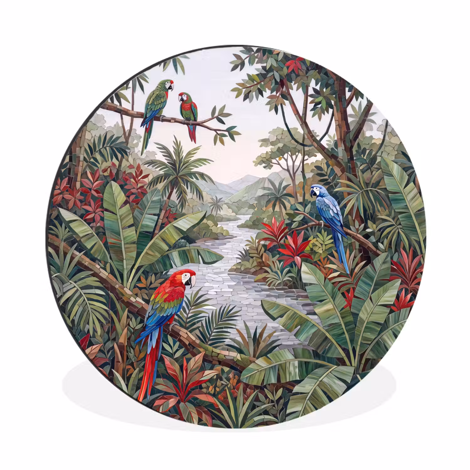 Vogel - Jungle - Natuur - Mozaïek - Groen Wandcirkel aluminium klein -3d
