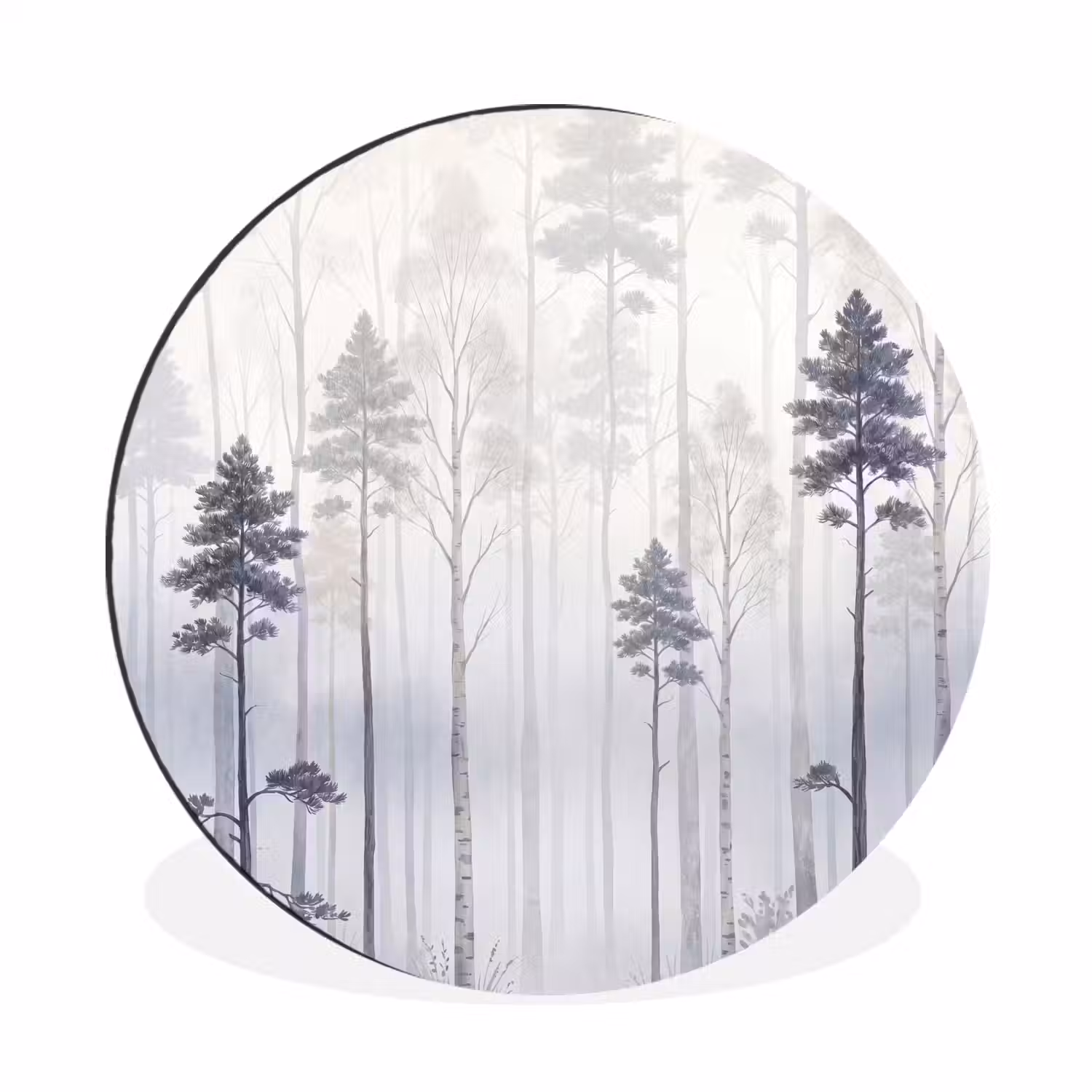 Bos - Bomen - Mist - Natuur - Illustratie - Grijs Wandcirkel aluminium klein -3d