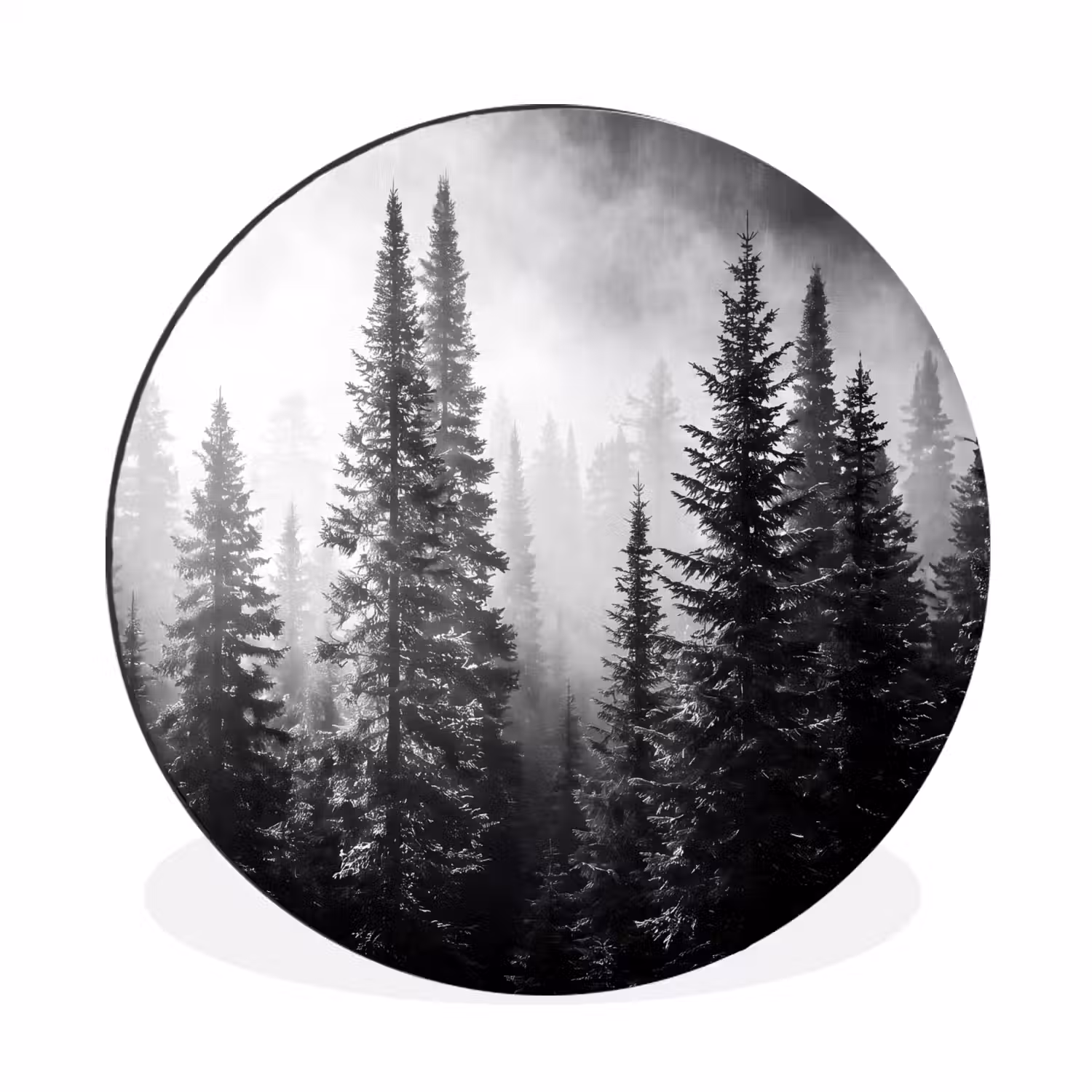 Bos - Mist - Winter - Monochroom - Natuur Wandcirkel aluminium klein -3d