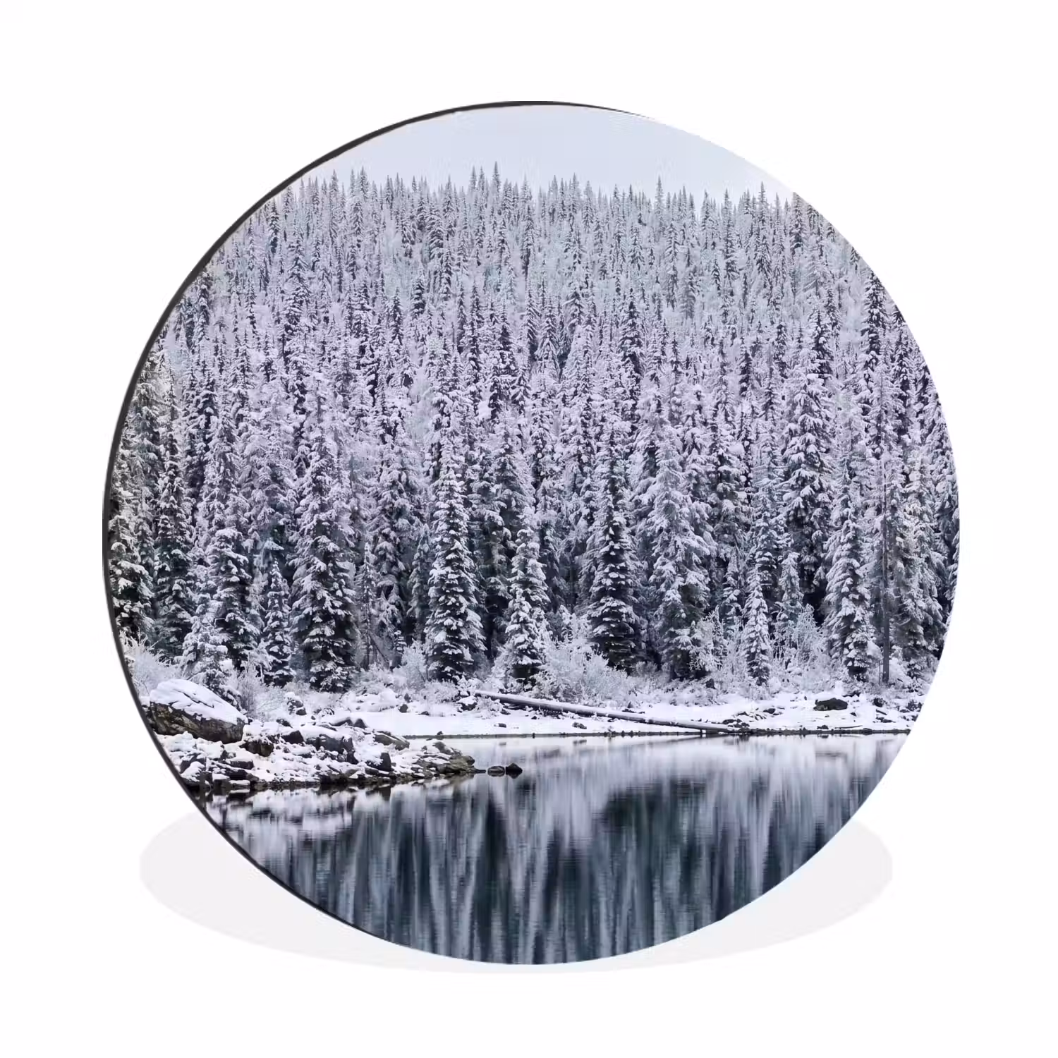 Bos - Reflectie - Meer - Winter - Serene Wandcirkel aluminium klein -3d
