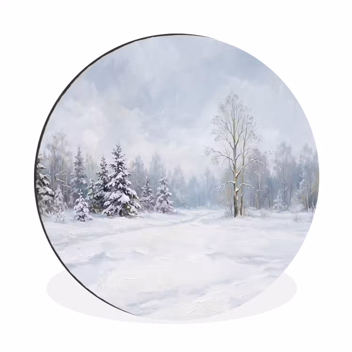 Bospad - Dennen - Sneeuw - Winter - Rustgevend Wandcirkel aluminium klein -3d