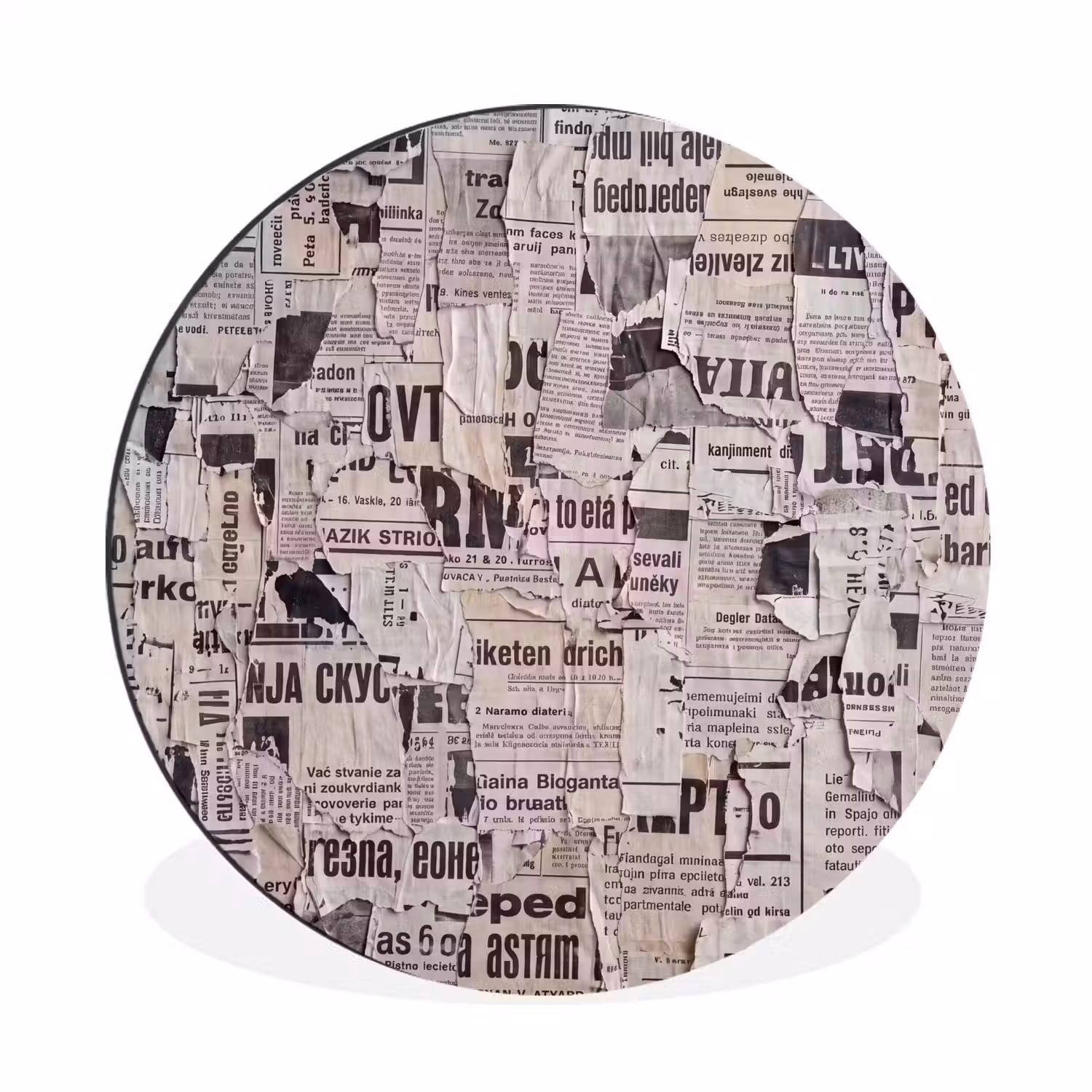 Krant - Gescheurd - Textuur - Abstract - Zwart-wit Wandcirkel aluminium klein -3d