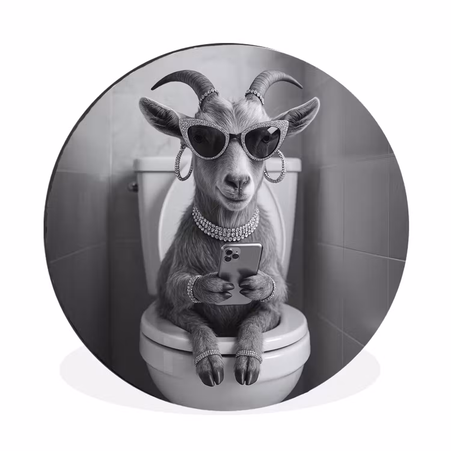 Geit - Telefoon - Toilet - Zwart - Wit Wandcirkel aluminium klein -3d