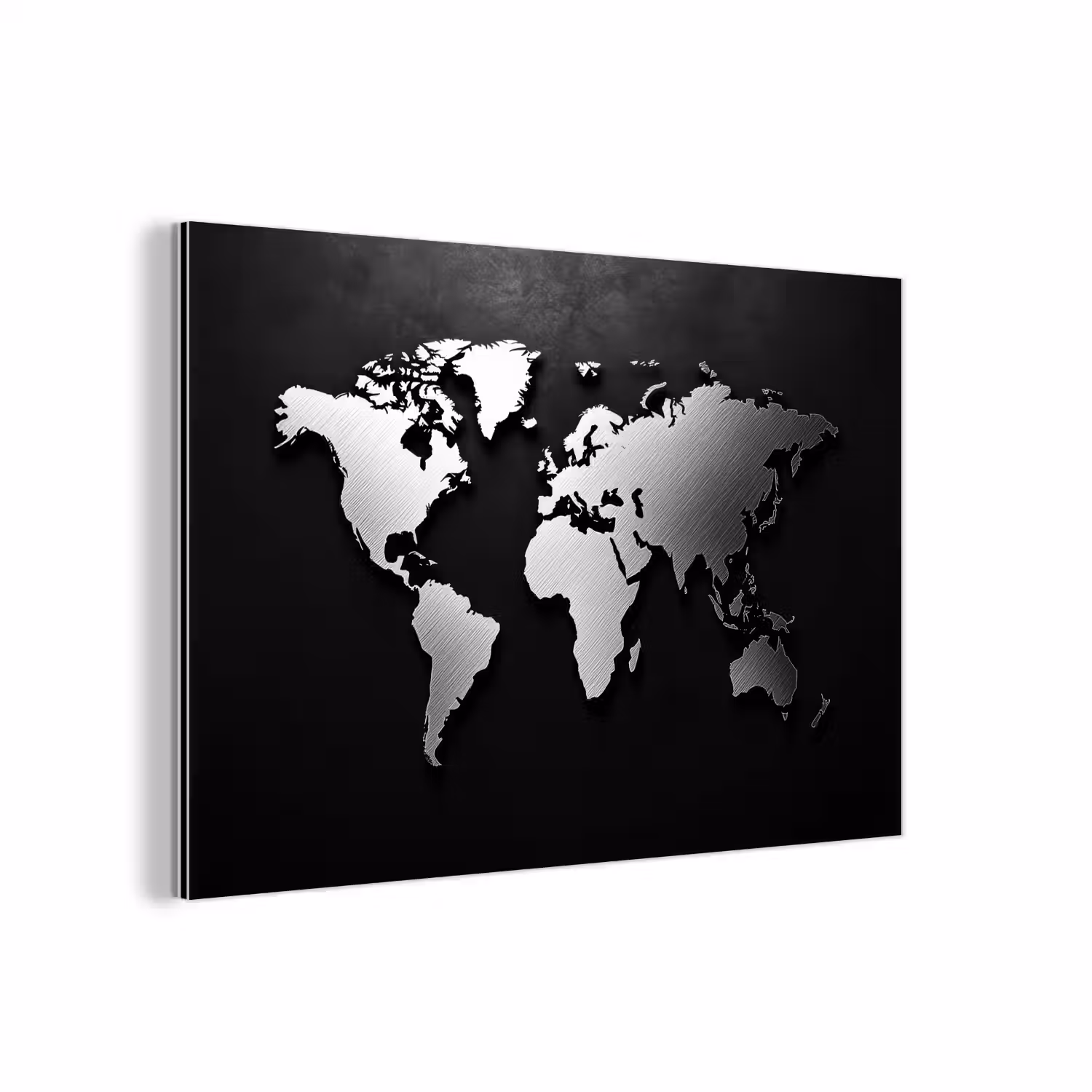 Wereldkaart - Donker - Zilver - Zwart aluminium wit klein -3d