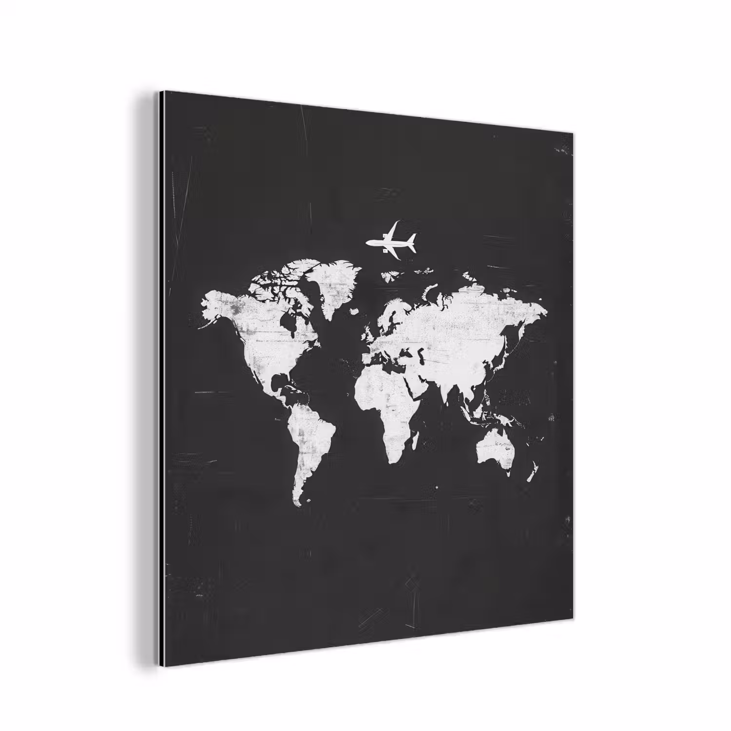 Wereldkaart - Vliegtuig - Zwart - Vintage aluminium wit klein -3d