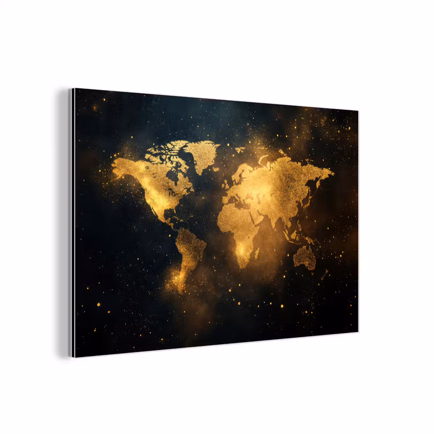 Wereldkaart - Gouden lichtpuntjes - Zwart aluminium wit klein -3d