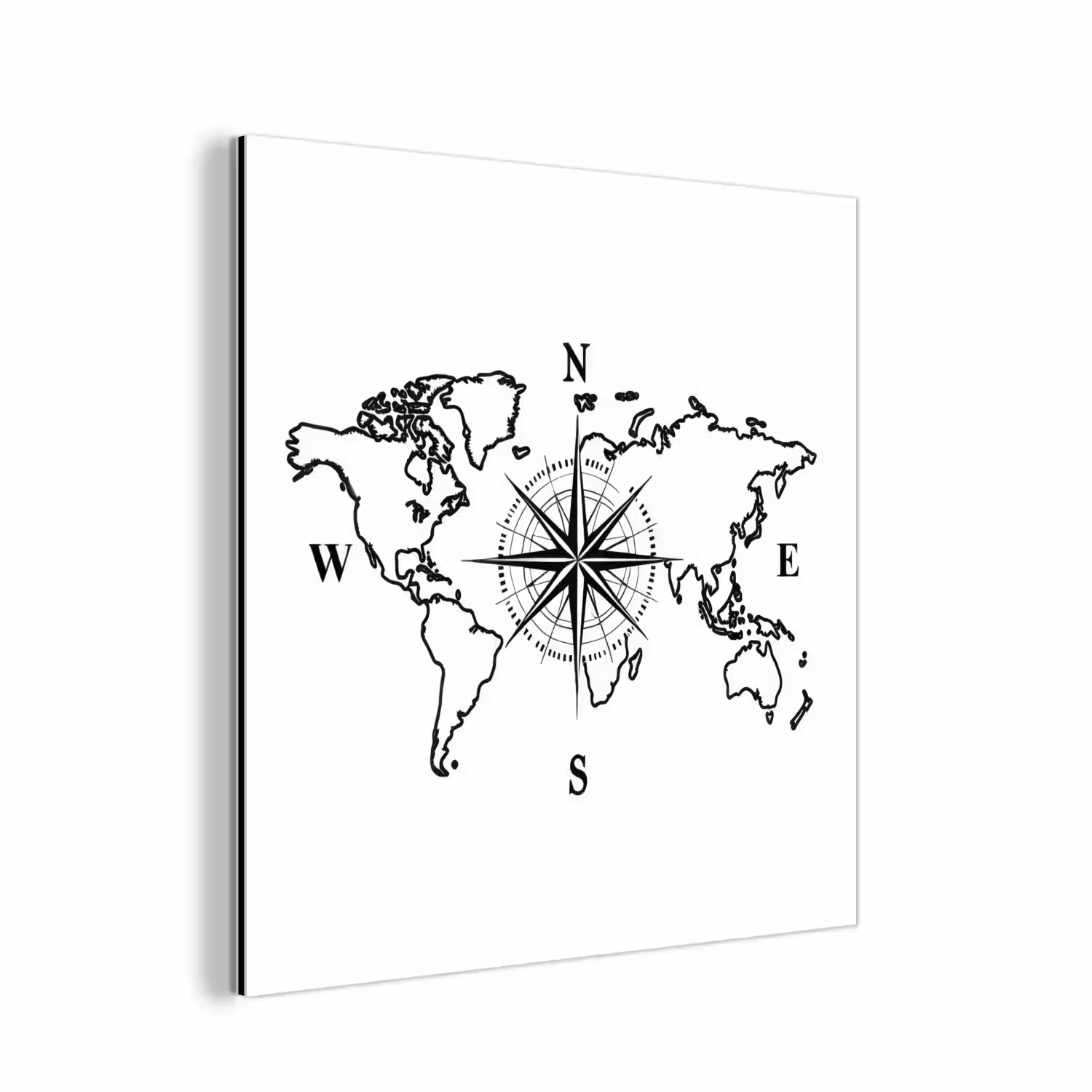 Wereldkaart - Kompas - Minimalistisch aluminium wit klein -3d