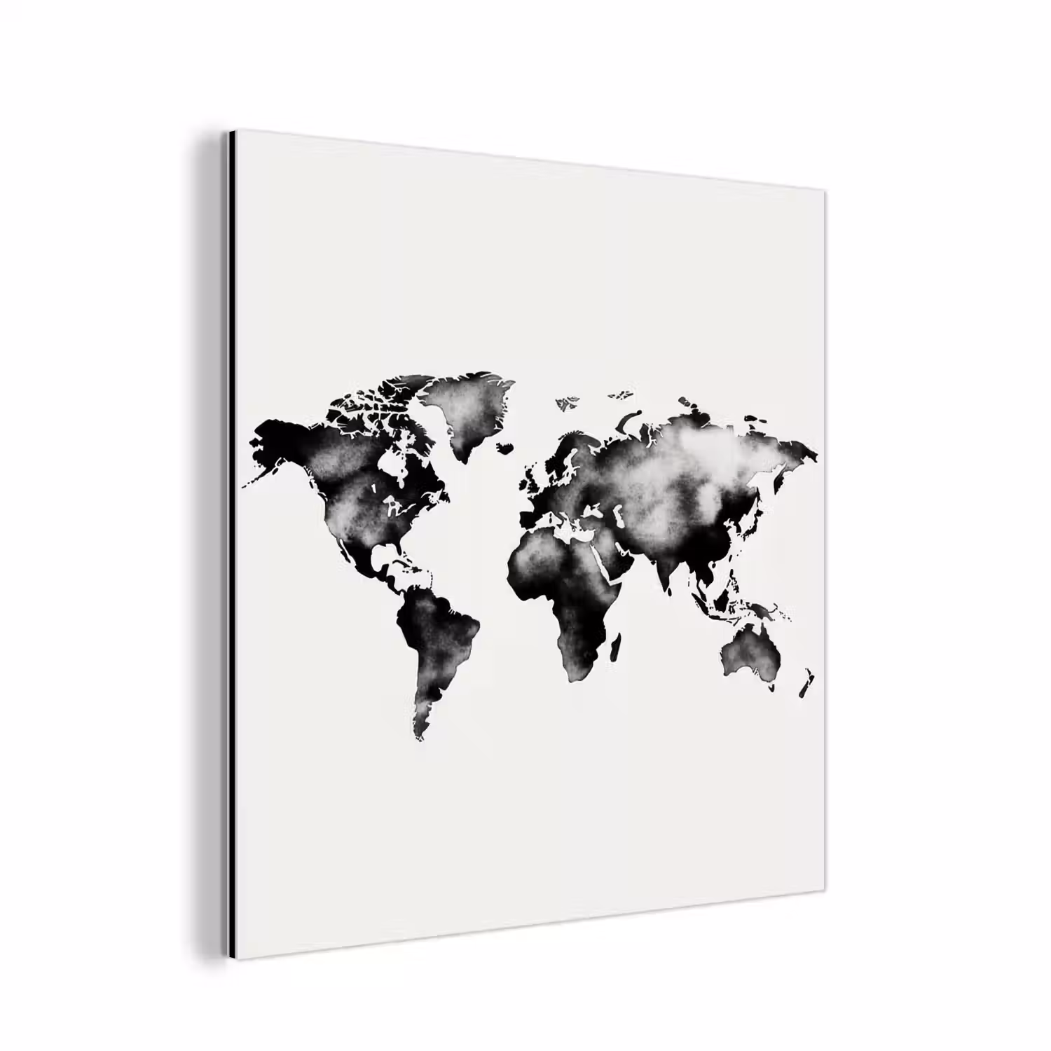 Wereldkaart - Zwart - Inktwassing aluminium wit klein -3d