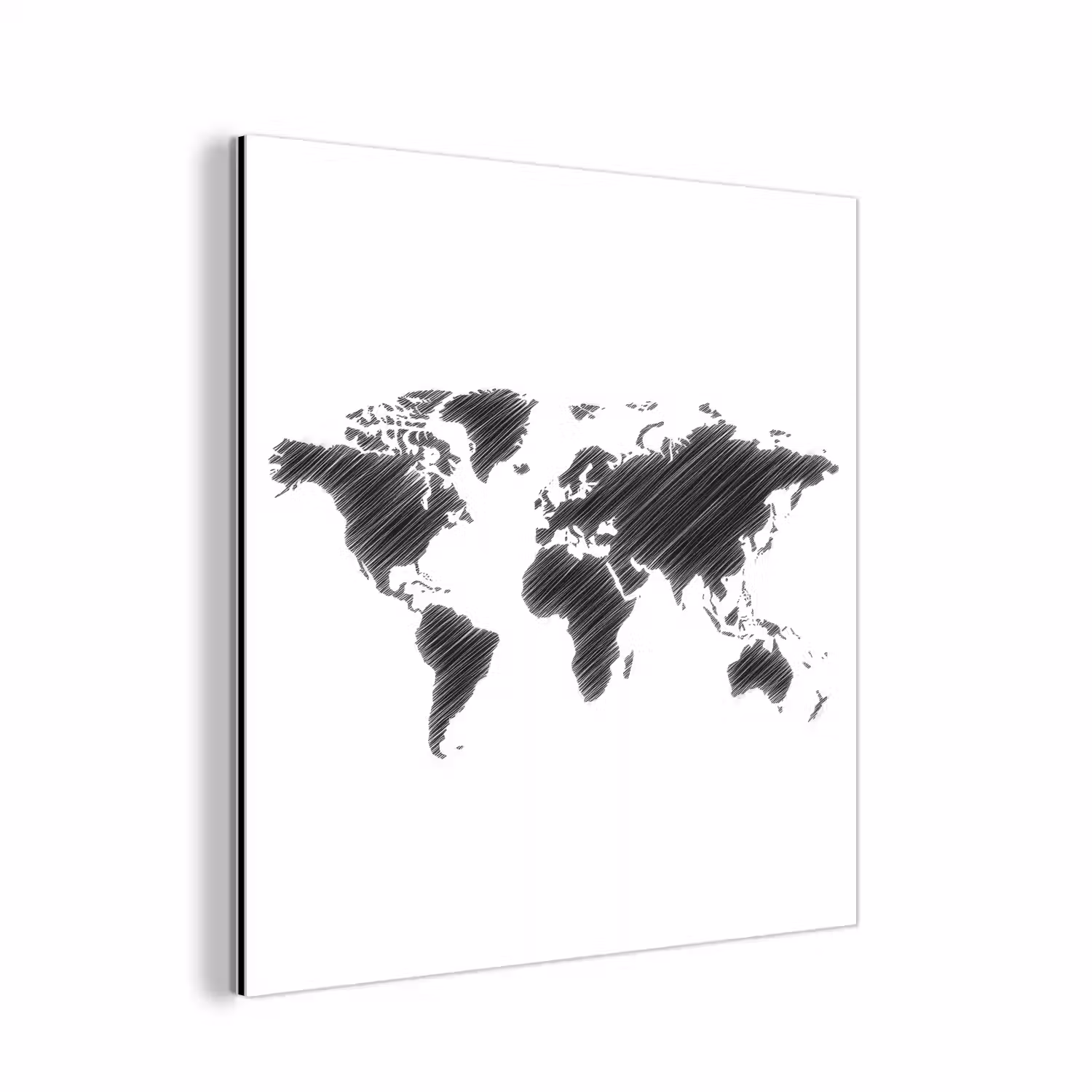 Wereldkaart - Schets - Zwart - Wit aluminium wit klein -3d