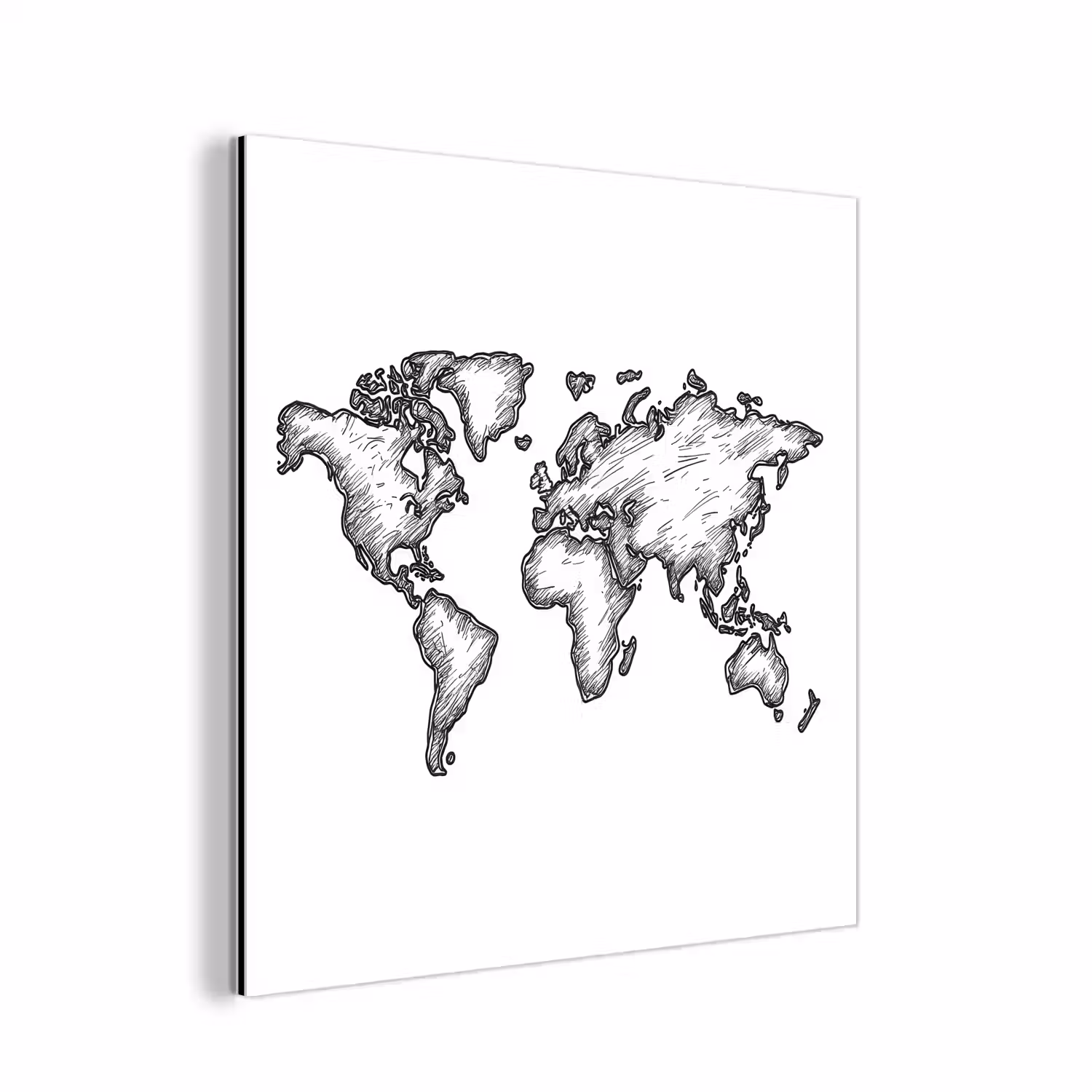 Wereldkaart - Schets - Wit - Zwart aluminium wit klein -3d