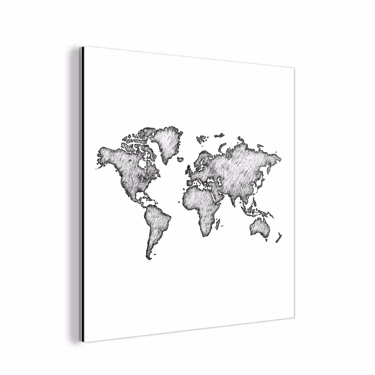 Wereldkaart - Tekening - Zwart - Wit aluminium wit klein -3d