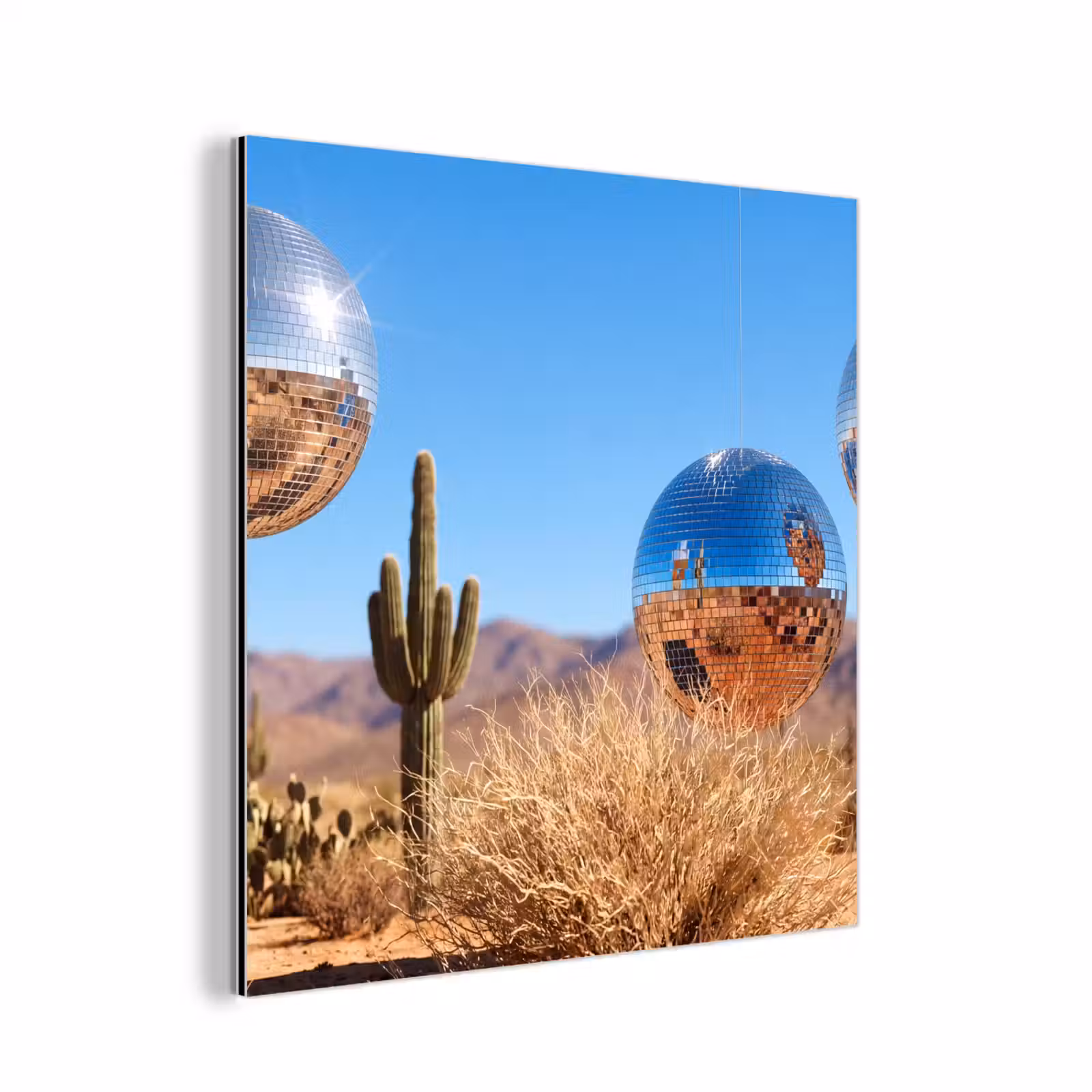 Alu-Dibond-Bild - Wüste – Spiegelkugel – Kunst - Woestijn - Spiegelbal - Kunst aluminium wit klein