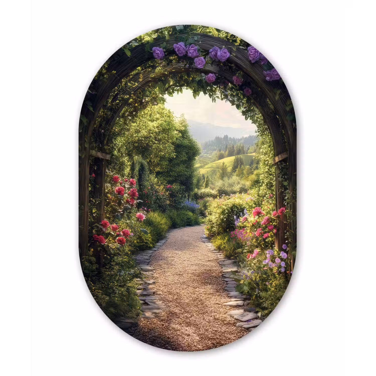 Doorkijk - Landschap - Bloemen - Tuinboog - Natuur Wandcirkel Ovaal Aluminium middel -3d