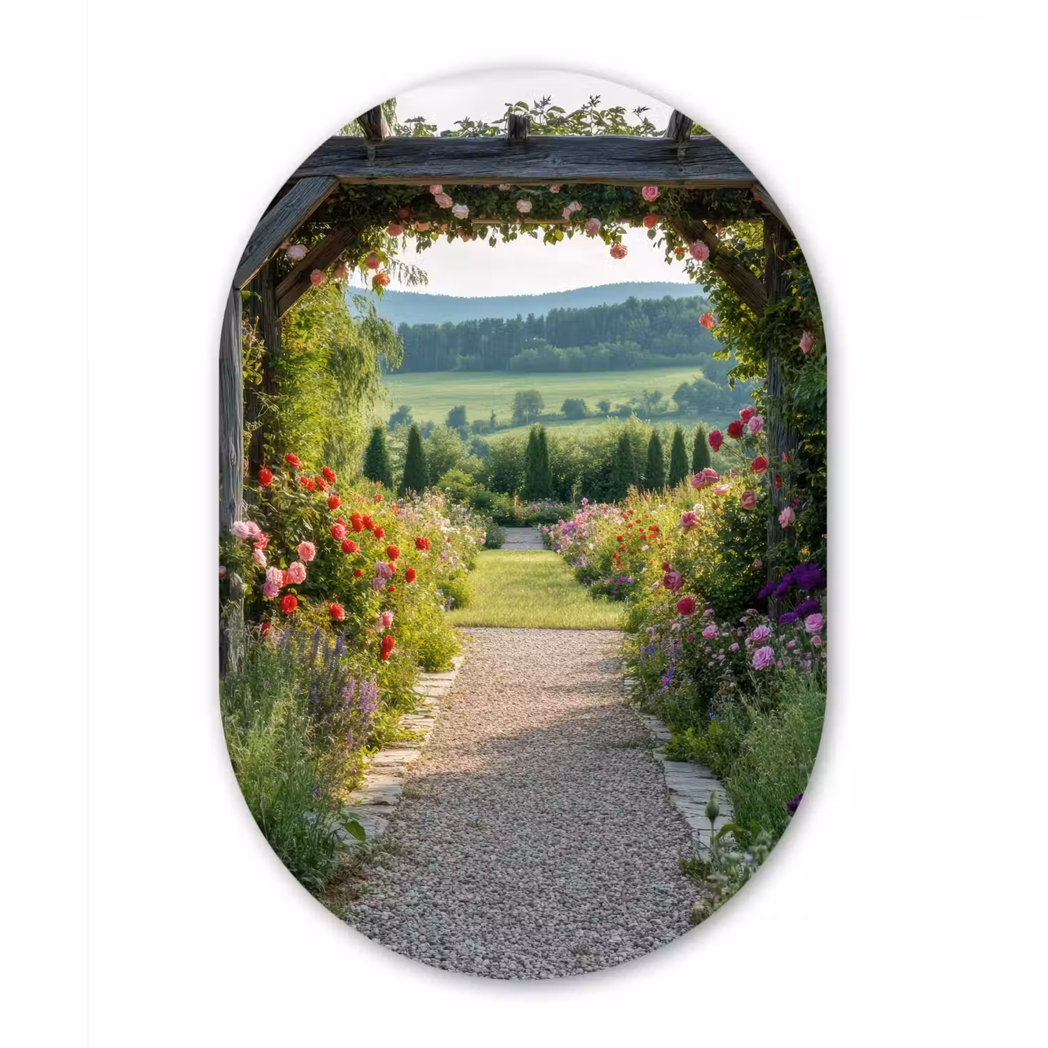 Doorkijk - Landschap - Natuur - Tuinboog - Bloemen Wandcirkel Ovaal Aluminium middel -3d