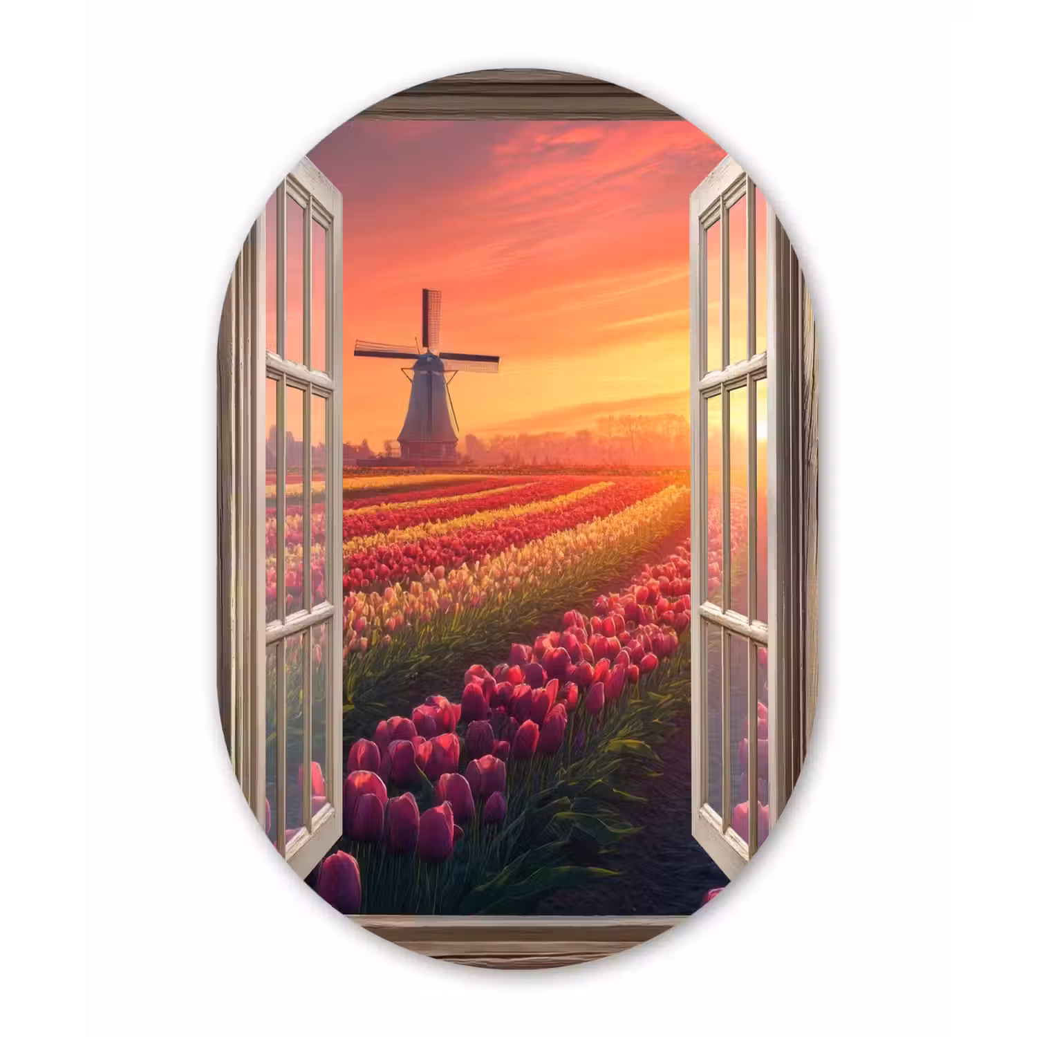 Doorkijk - Tulpen - Zonsondergang - Bloemen - Kleurrijk Wandcirkel Ovaal Aluminium middel -3d