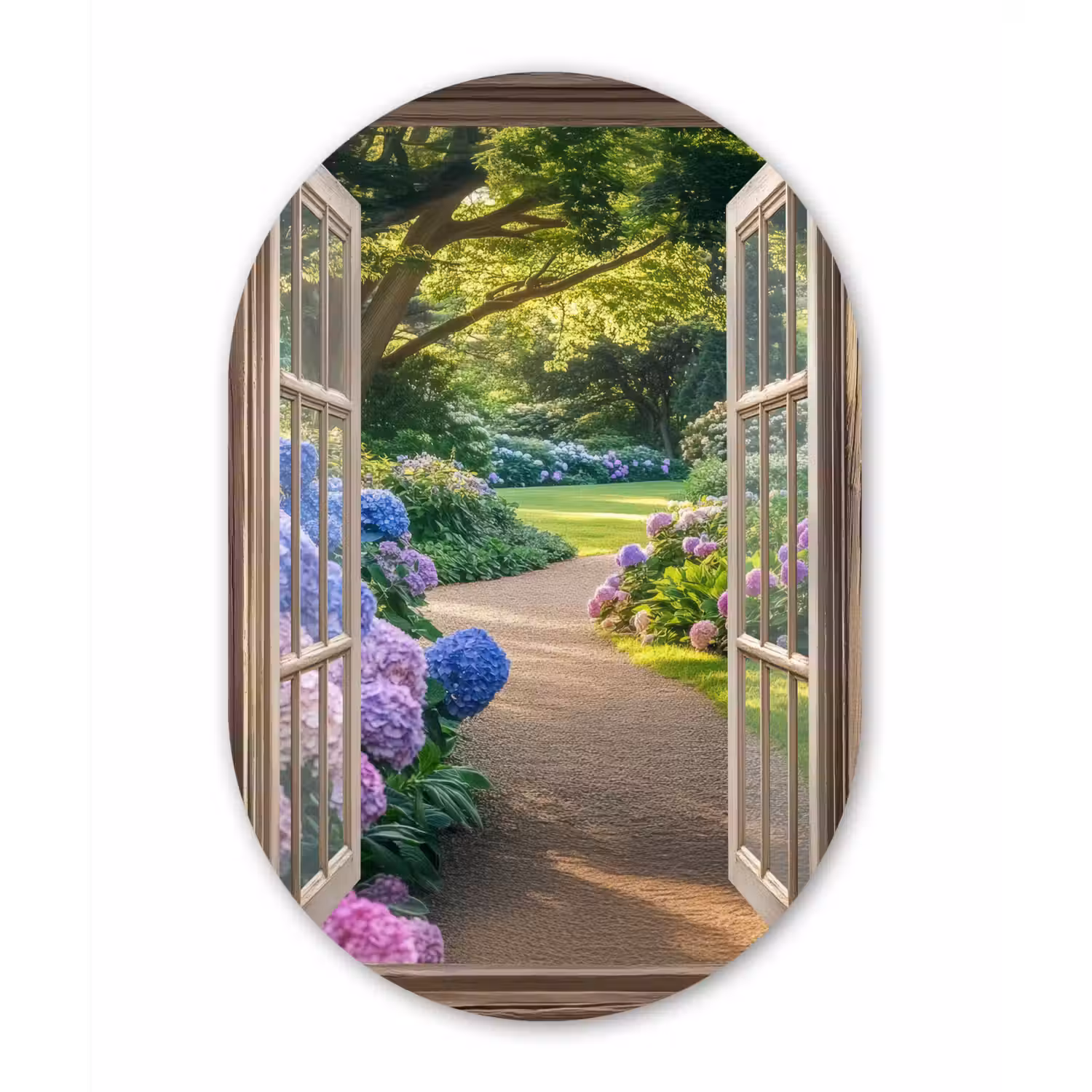 Doorkijk - Tuin - Raam - Hortensia - Bloemen Wandcirkel Ovaal Aluminium middel -3d