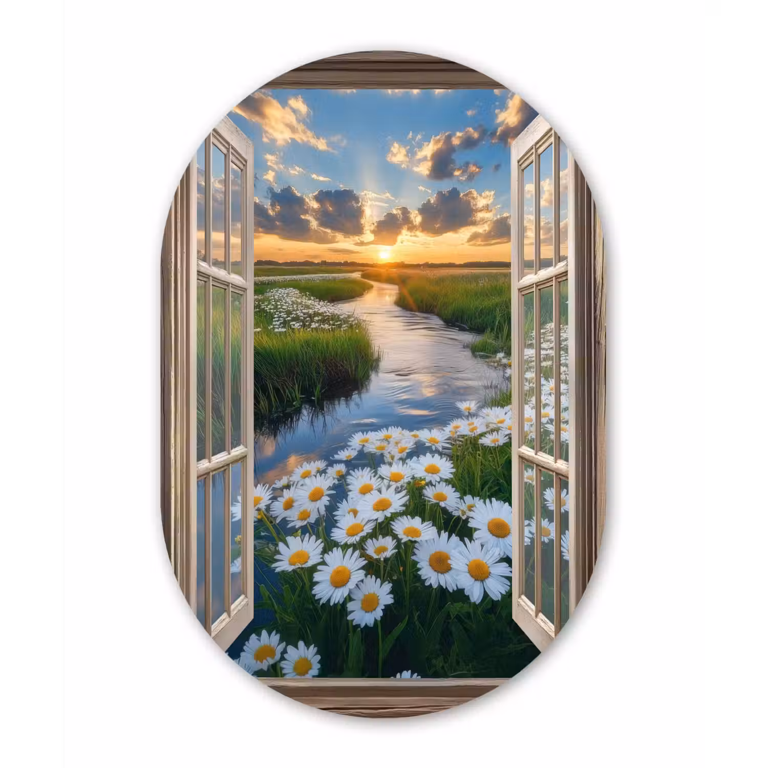 Doorkijk - Landschap - Raam - Water - Zonsondergang Wandcirkel Ovaal Aluminium middel -3d