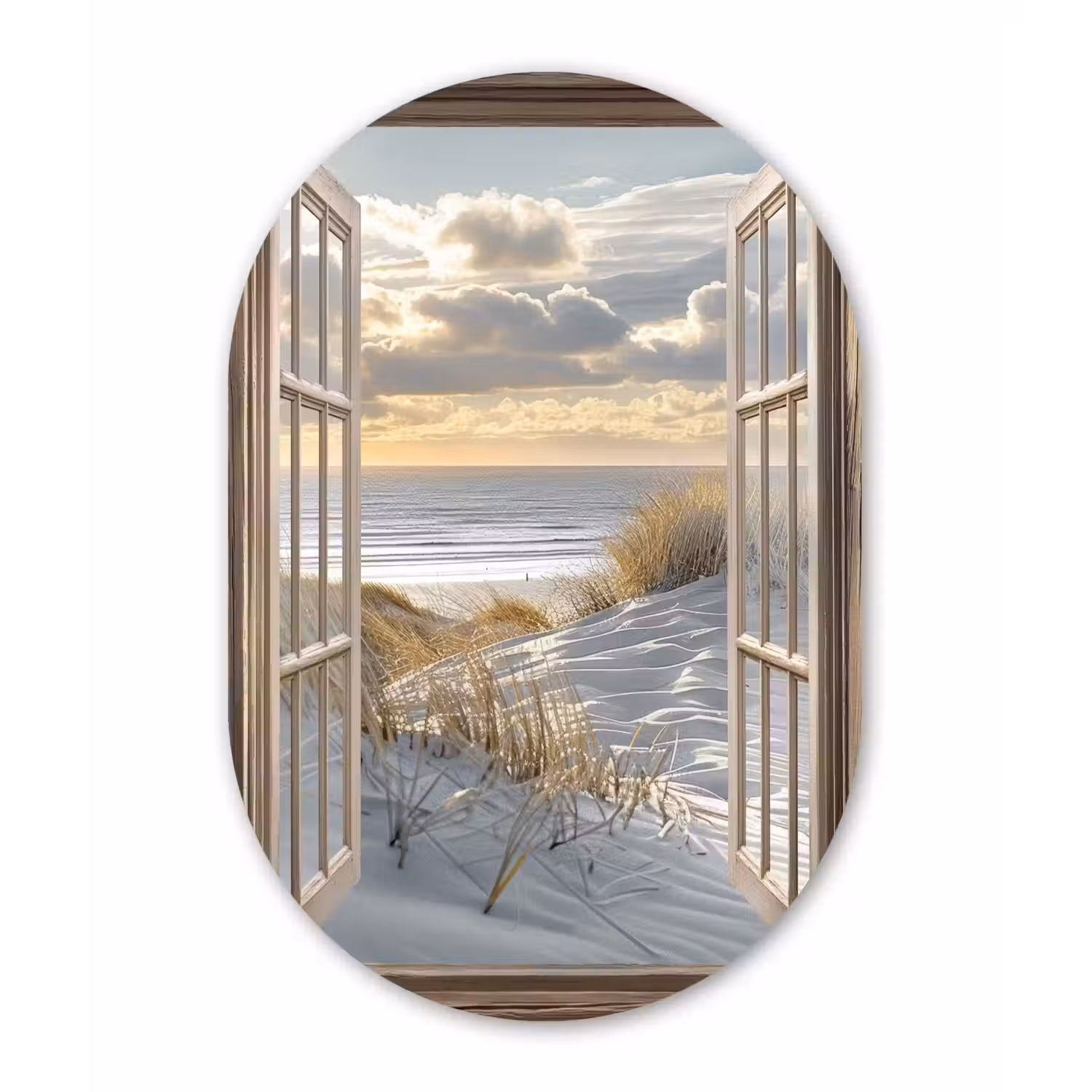 Doorkijk - Strand - Duinen - Zee - Natuur Wandcirkel Ovaal Aluminium middel -3d