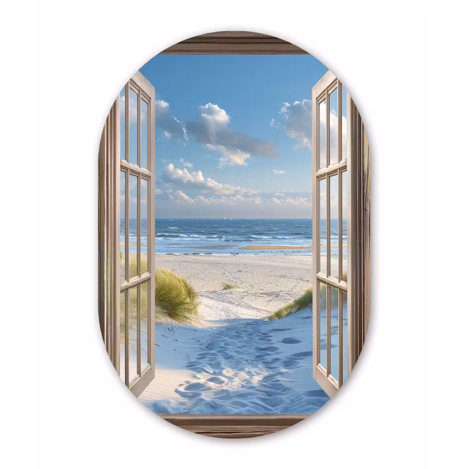 Doorkijk - Strand - Raam - Duinen - Zee Wandcirkel Ovaal Aluminium middel -3d
