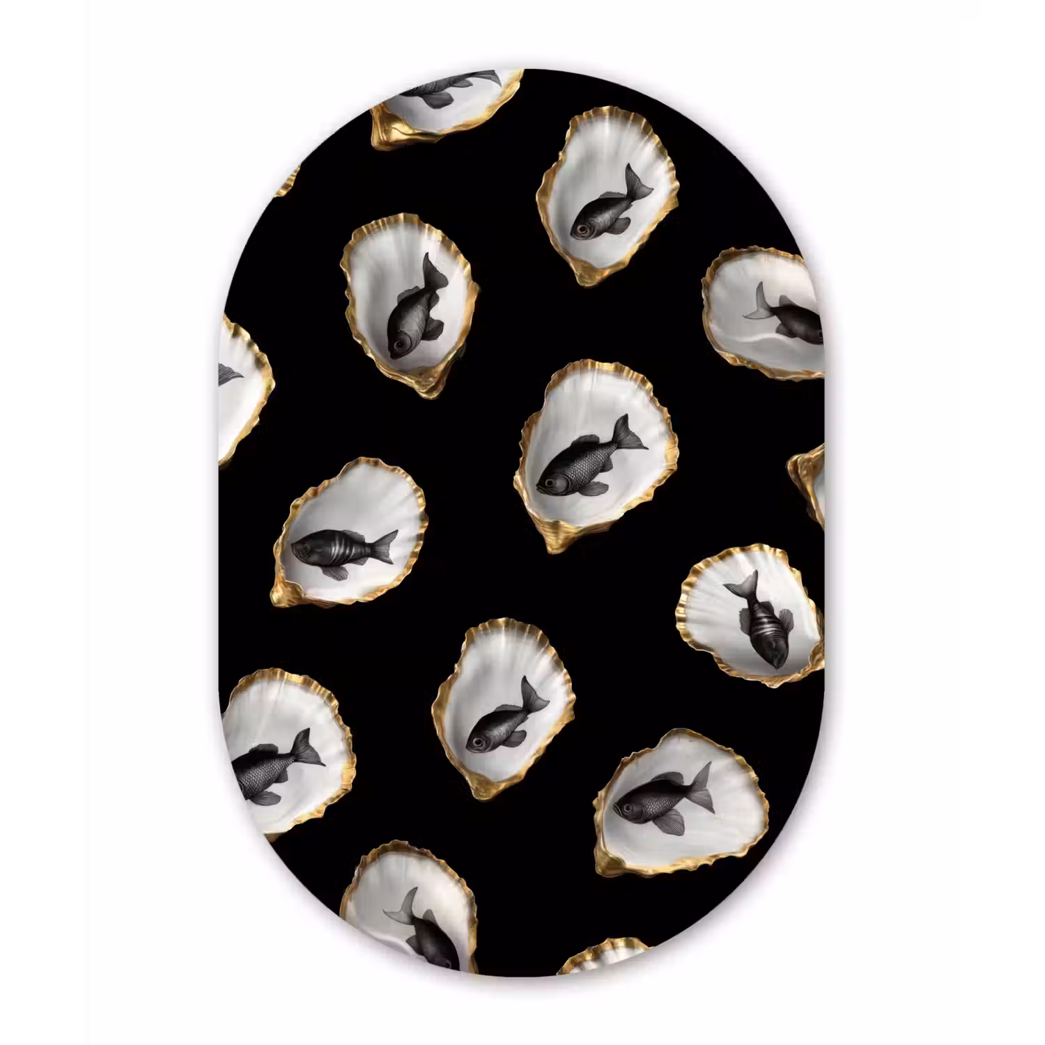 Oesters - Zwart - Vissen - Goud Wandcirkel Ovaal Aluminium middel -3d