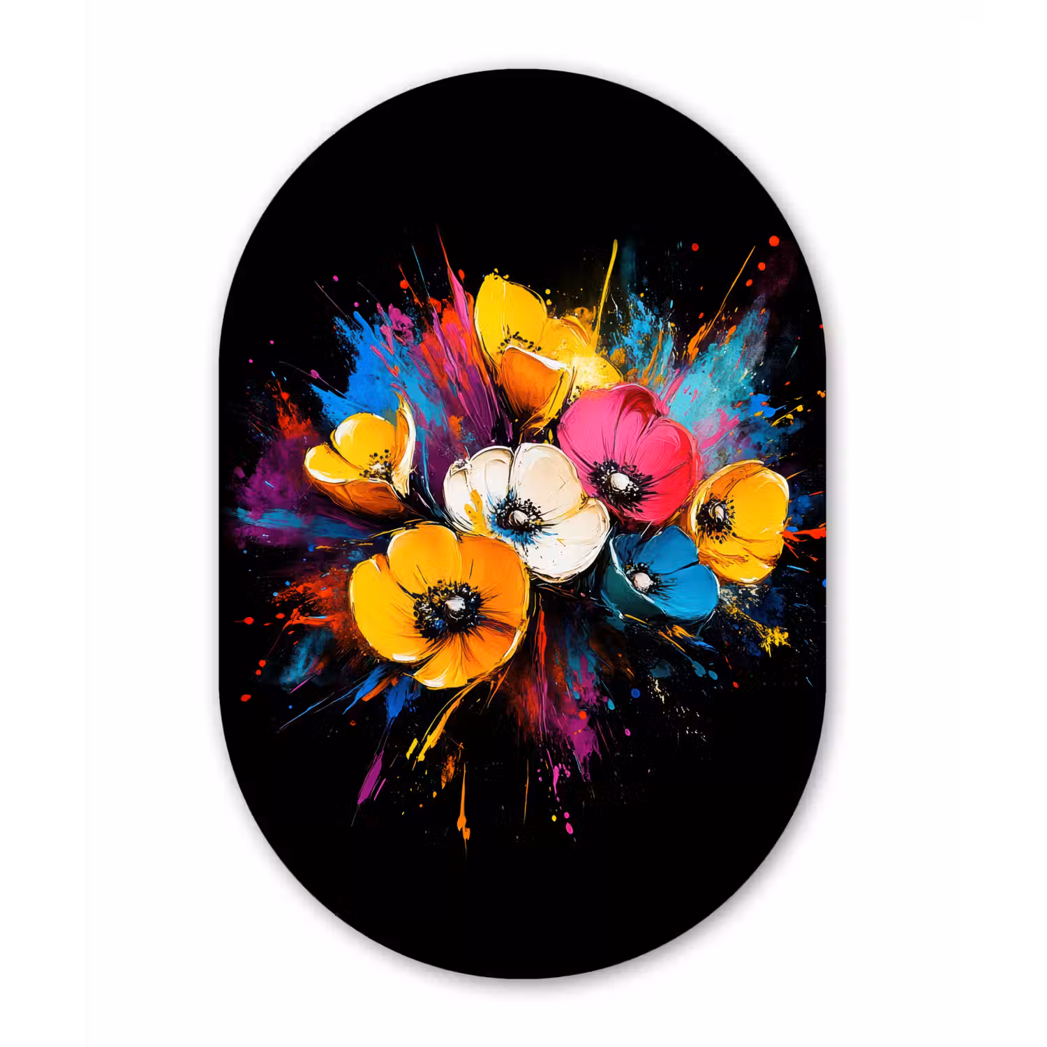 Bloemen - Kleurrijk - Graffiti - Modern - Boeket Wandcirkel Ovaal Aluminium middel -3d