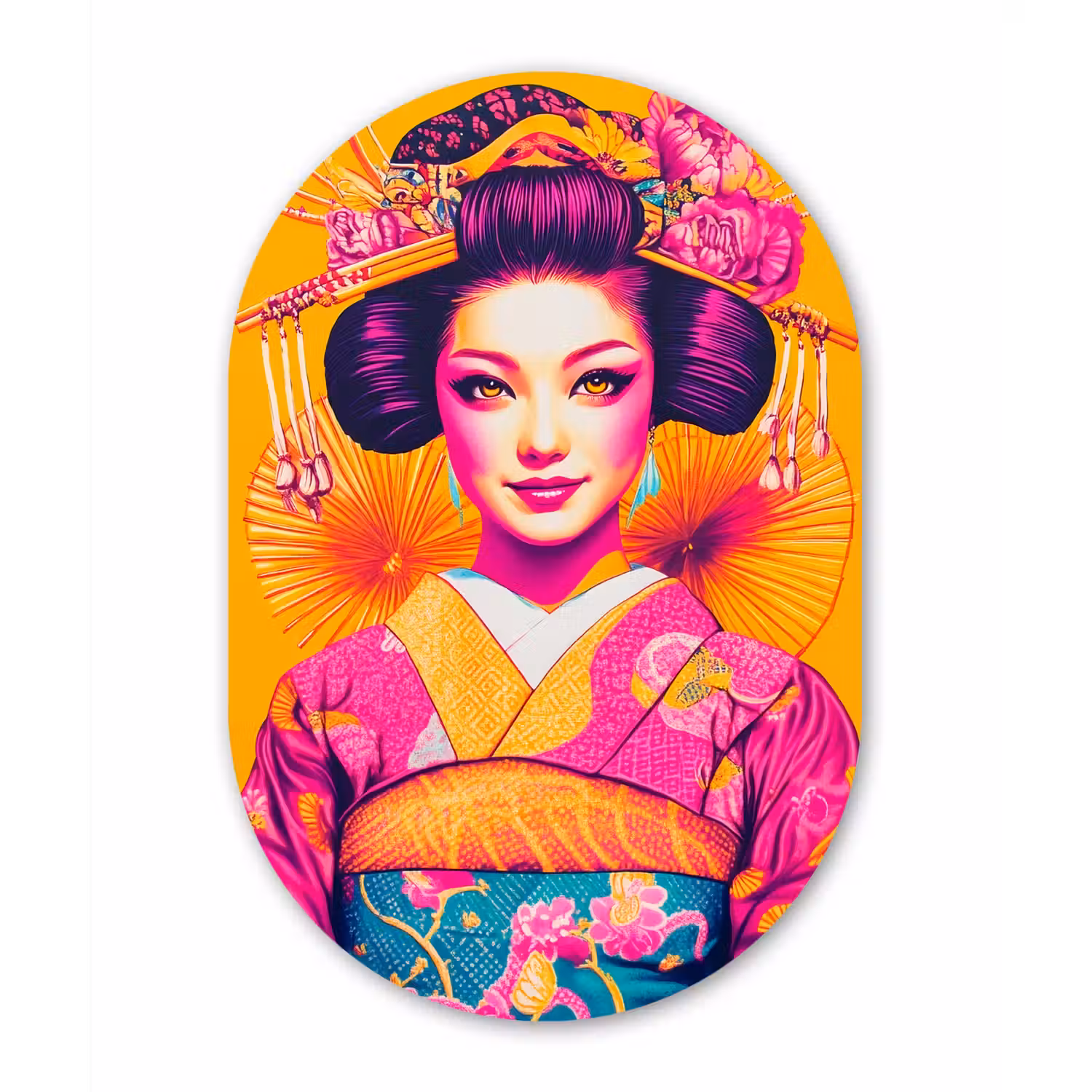 Bloemen - Vrouw - Kimono - Roze Wandcirkel Ovaal Aluminium middel -3d