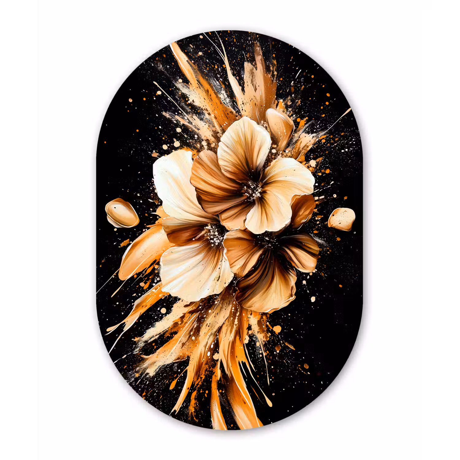 Bloemen - Goud - Graffiti - Zwart - Abstract Wandcirkel Ovaal Aluminium middel -3d