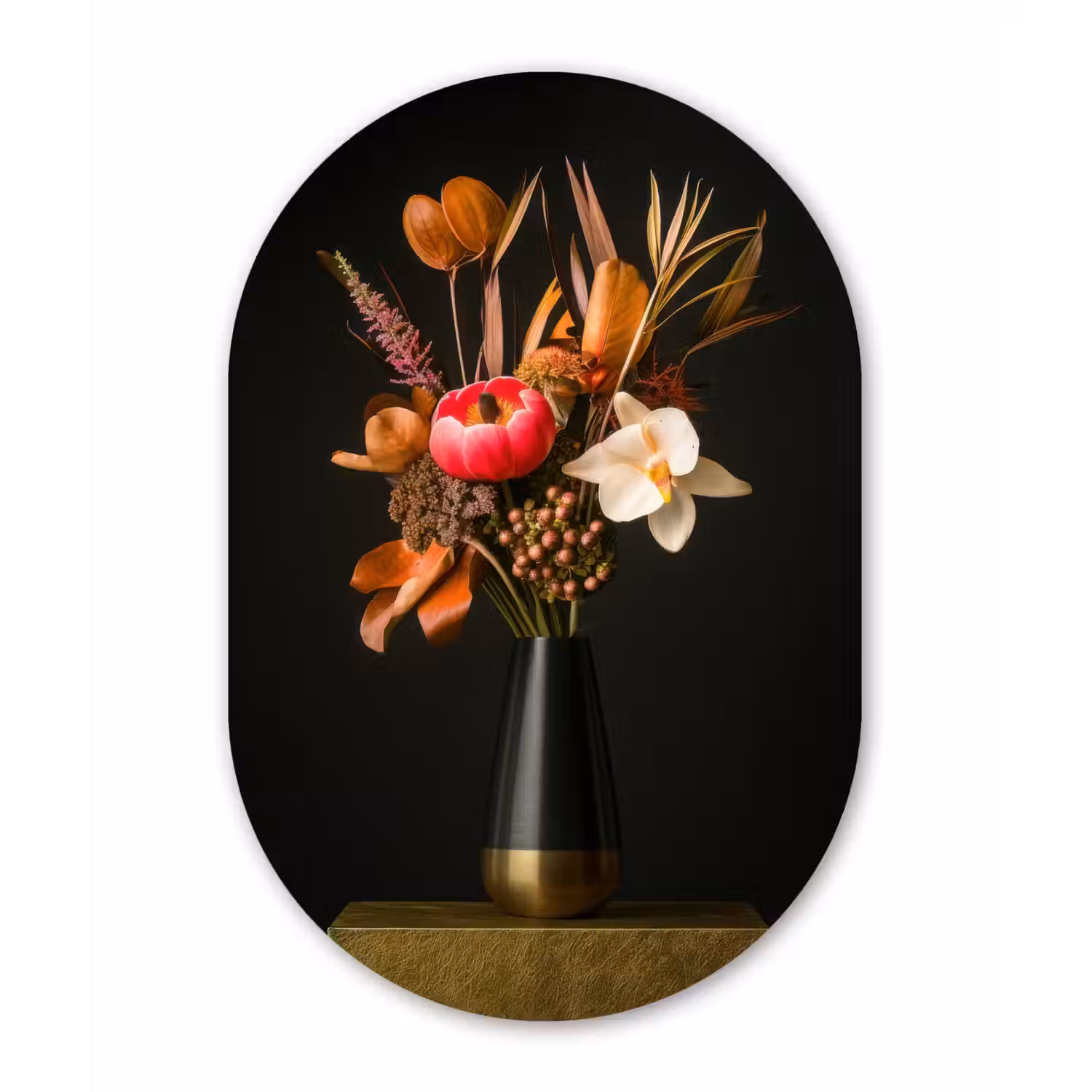 Boeket - Oranje - Gouden - vaas Wandcirkel Ovaal Aluminium middel -3d