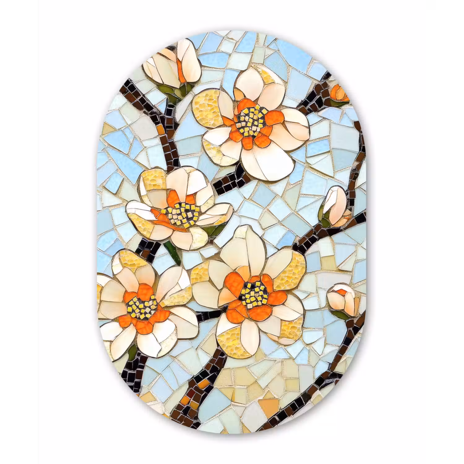 Bloesems - Wit - Mozaïek - Tak Wandcirkel Ovaal Aluminium middel -3d